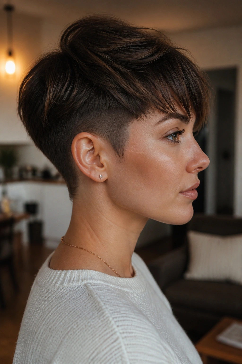 Profile view of a real person with a soft undercut pixie