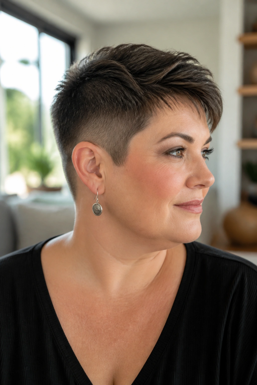 Close-up portrait of a real woman with an undercut pixie and soft top in bright living room light