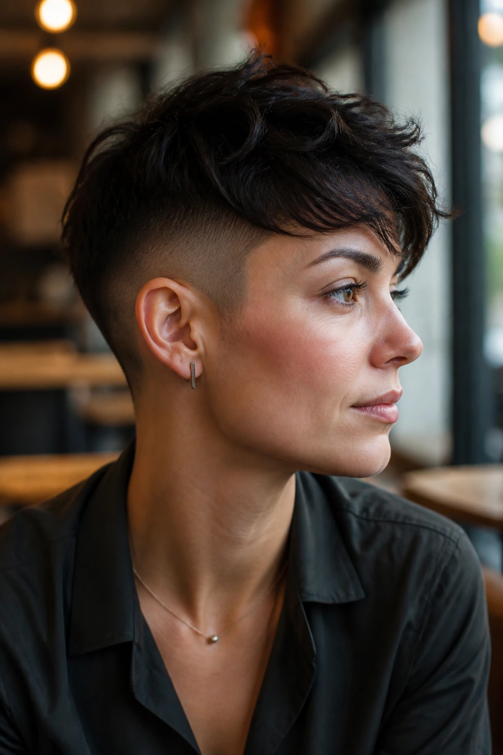 Close-up portrait of a real person with an undercut pixie and soft top