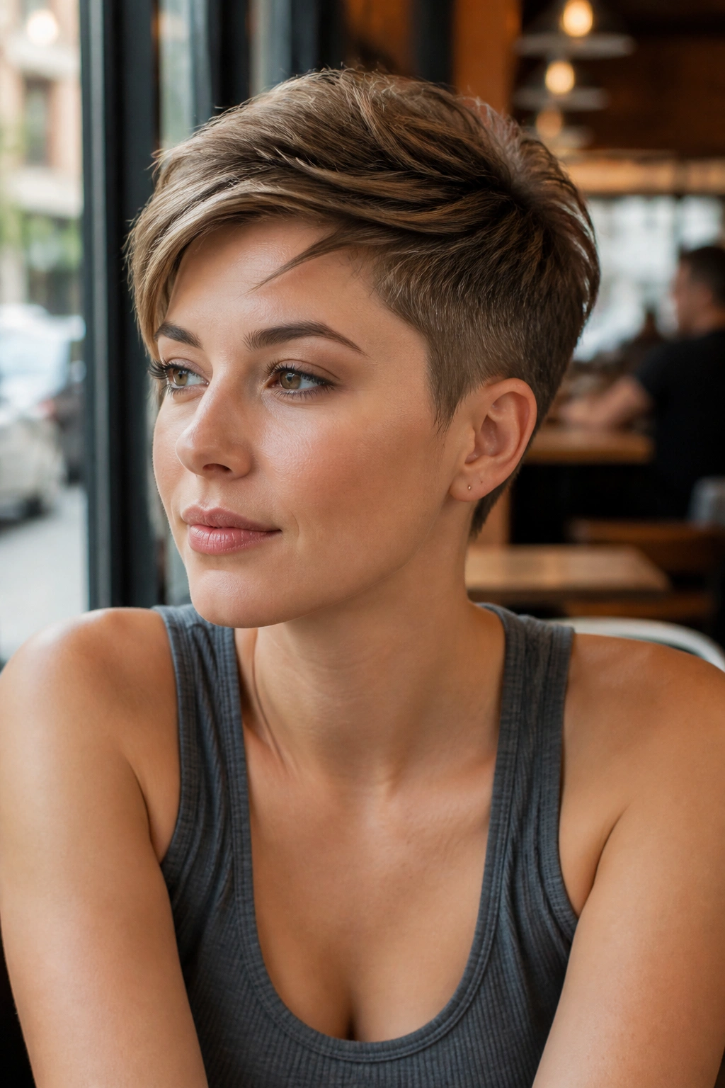 Close-up portrait of a real person with an undercut pixie and soft top