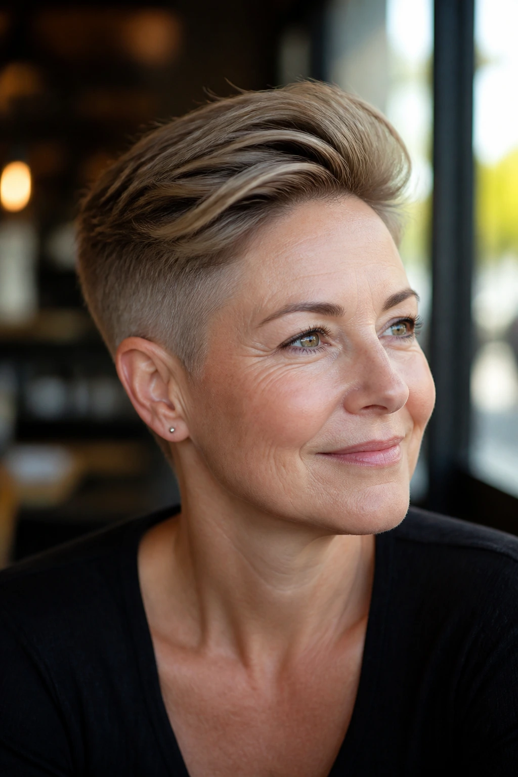 Close-up of a real woman with an undercut pixie and soft top hairstyle