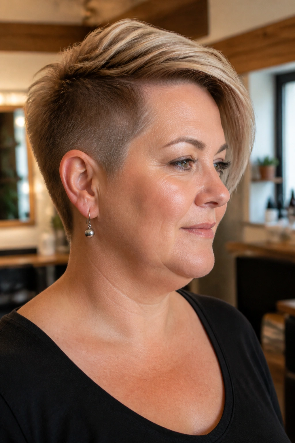 Close-up portrait of a real woman with an undercut pixie and swept-over top in a salon setting