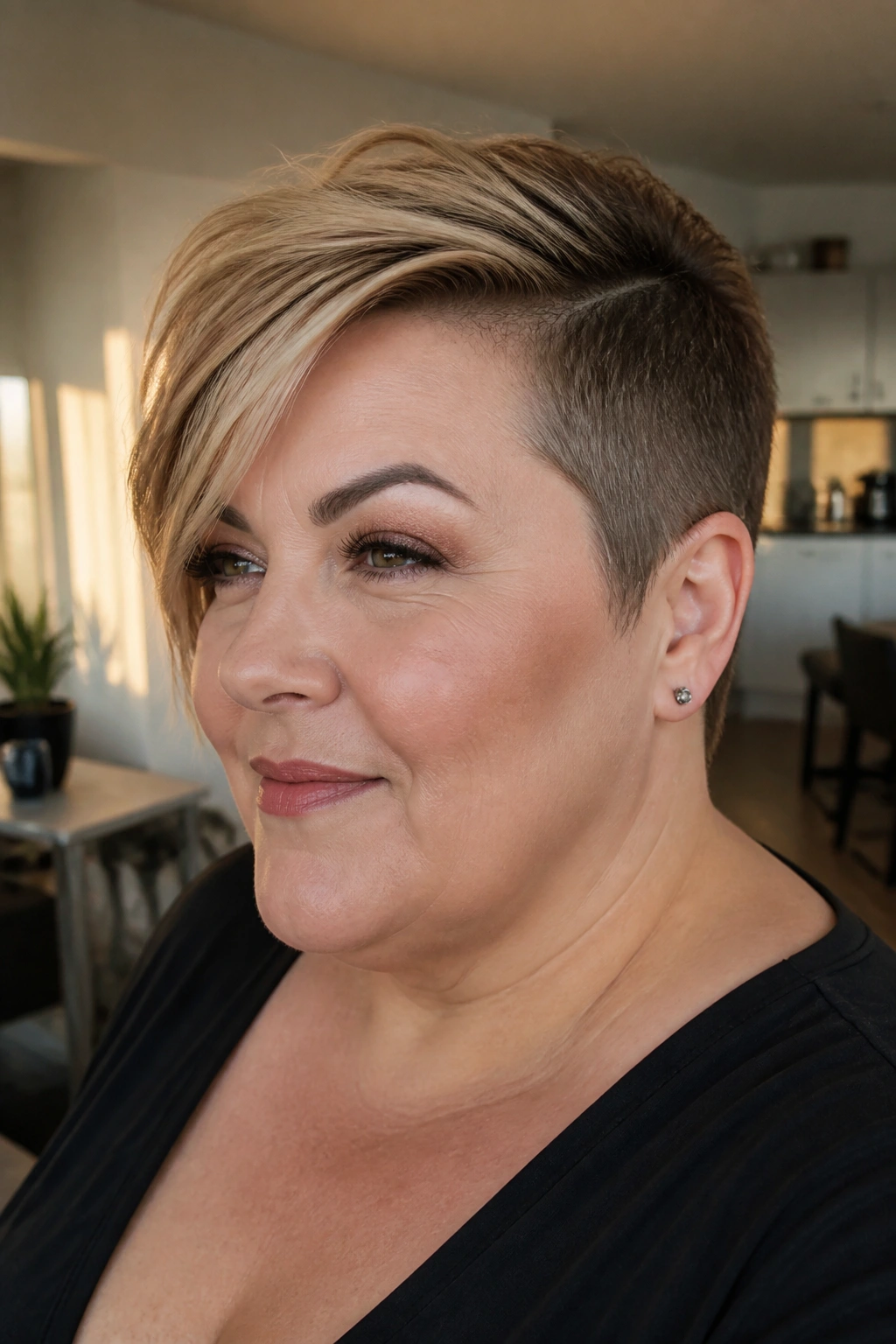 Close-up portrait of a real person with a tapered undercut pixie