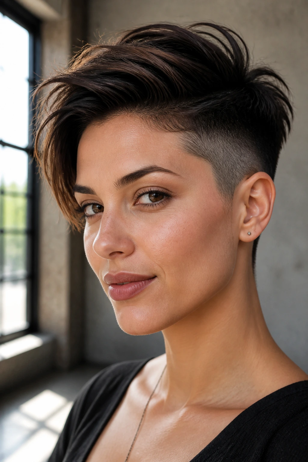 Close-up of a thick-haired real woman with an undercut pixie hairstyle