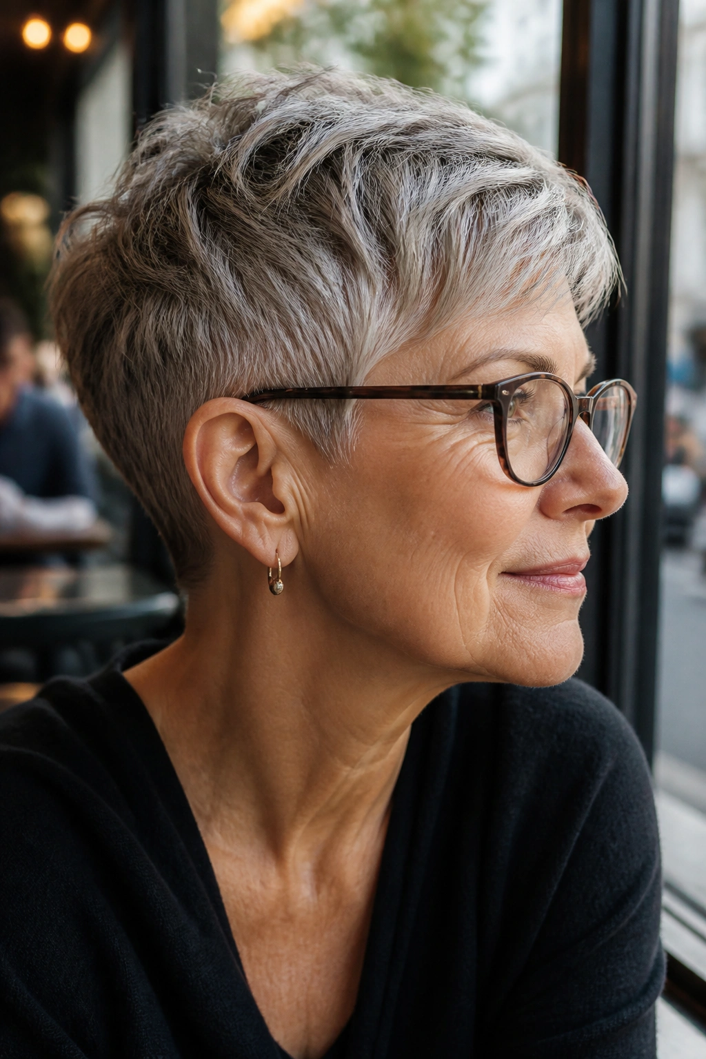 Portrait of a 60s woman with undercut pixie and thick hair in a cafe setting.