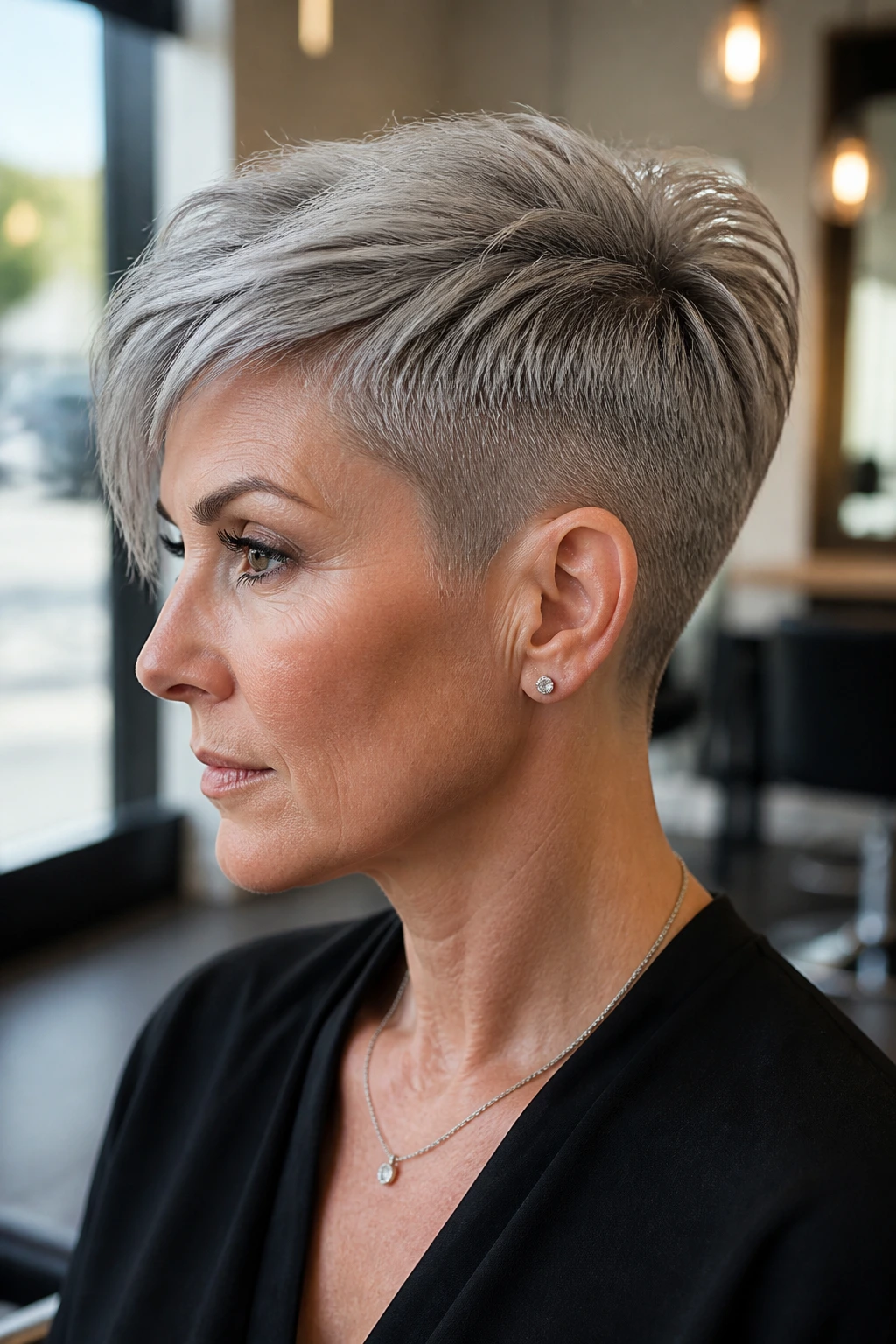 Close-up of a gray-haired woman with an undercut pixie showing bold contrast and texture.