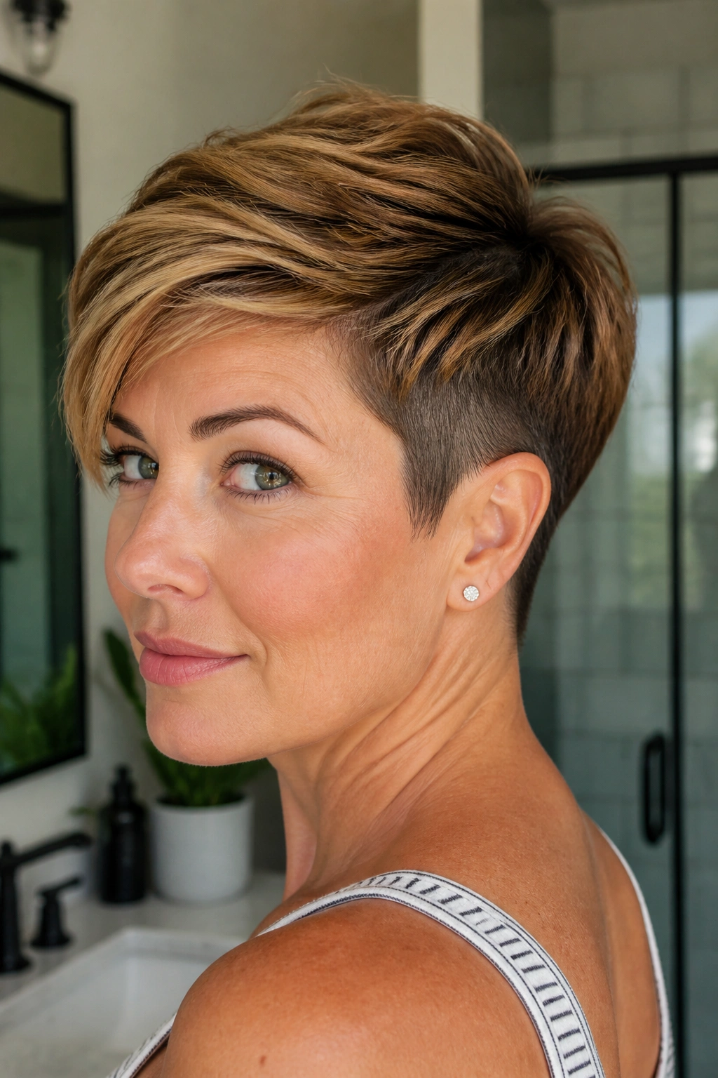 Close-up portrait of a real woman showing an undercut pixie for thick hair