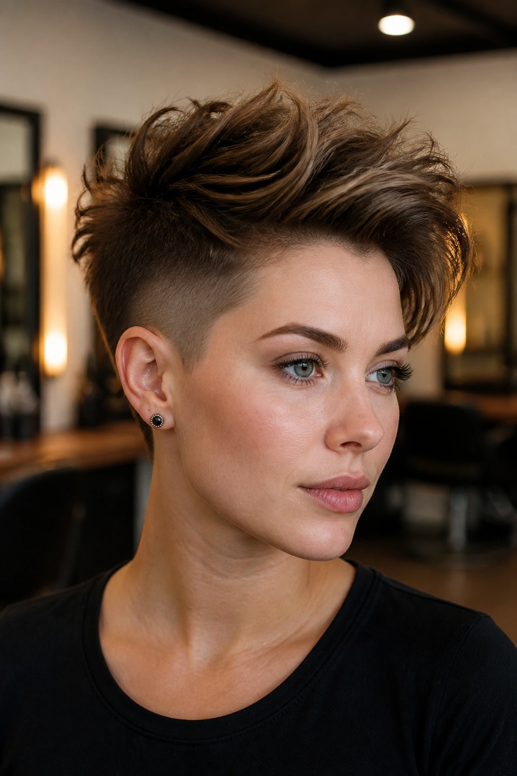 Close-up portrait of a real woman with an undercut pixie and extra-volume top in a warm salon.