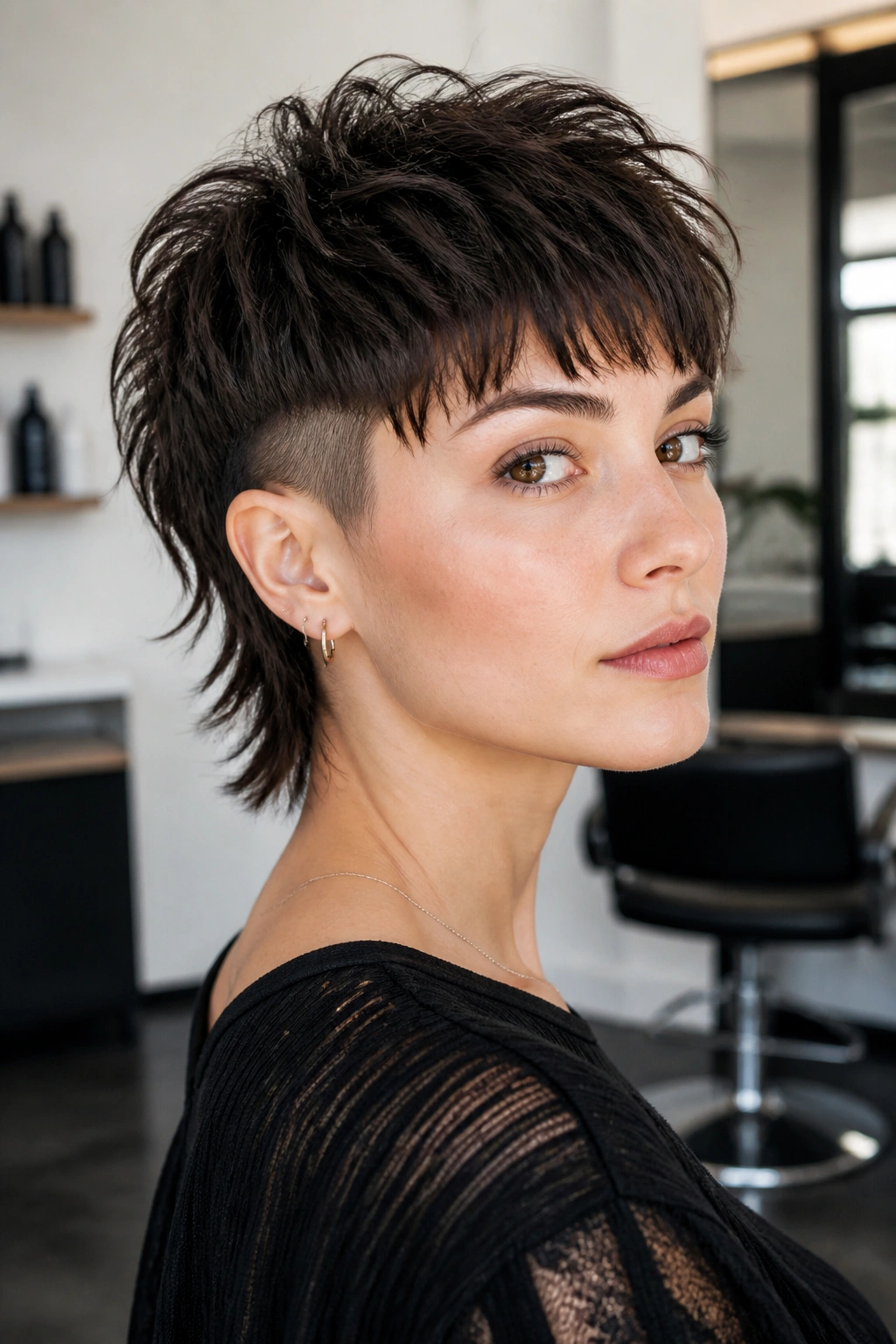 Close-up of a real woman showing an undercut pixie wolf cut behind the ear.