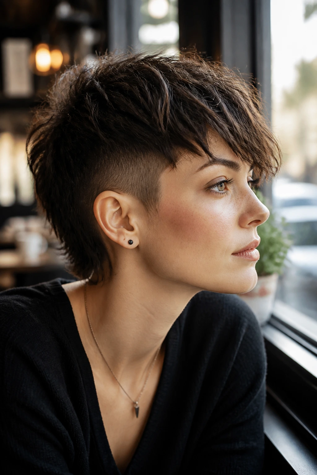 Close-up portrait of a real woman with an undercut pixie wolf cut in a cafe window light.