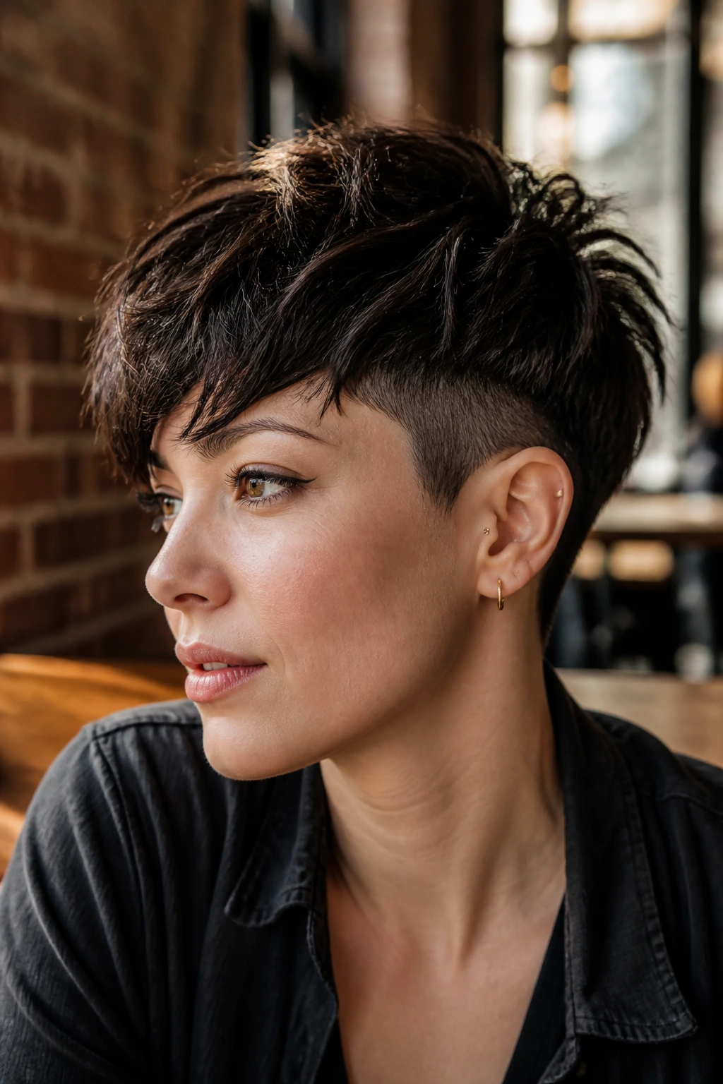 Real person with undercut pixie wolf, top longer, sides shaved, close-up