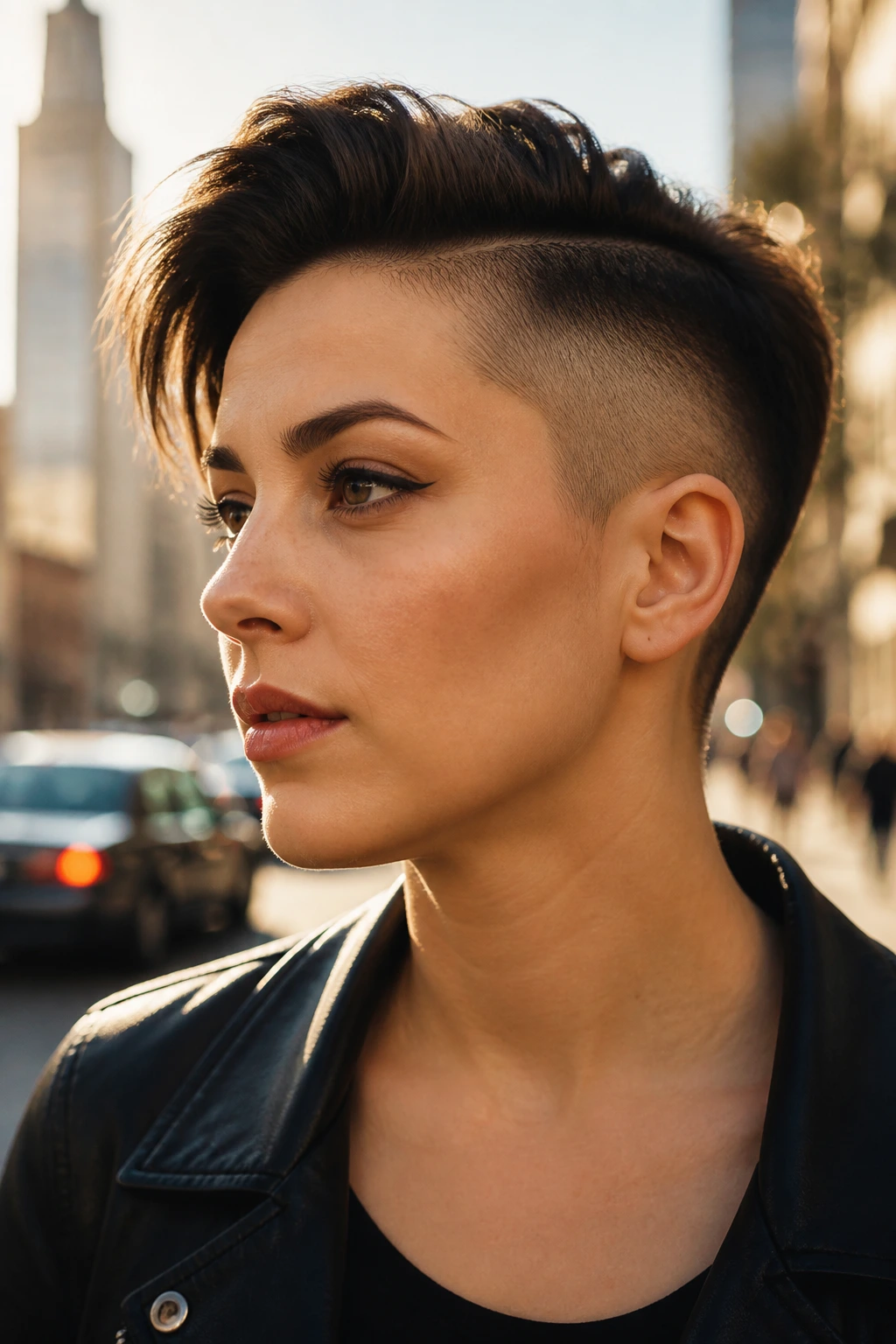 Close-up portrait of a woman with a disconnected undercut hairstyle.