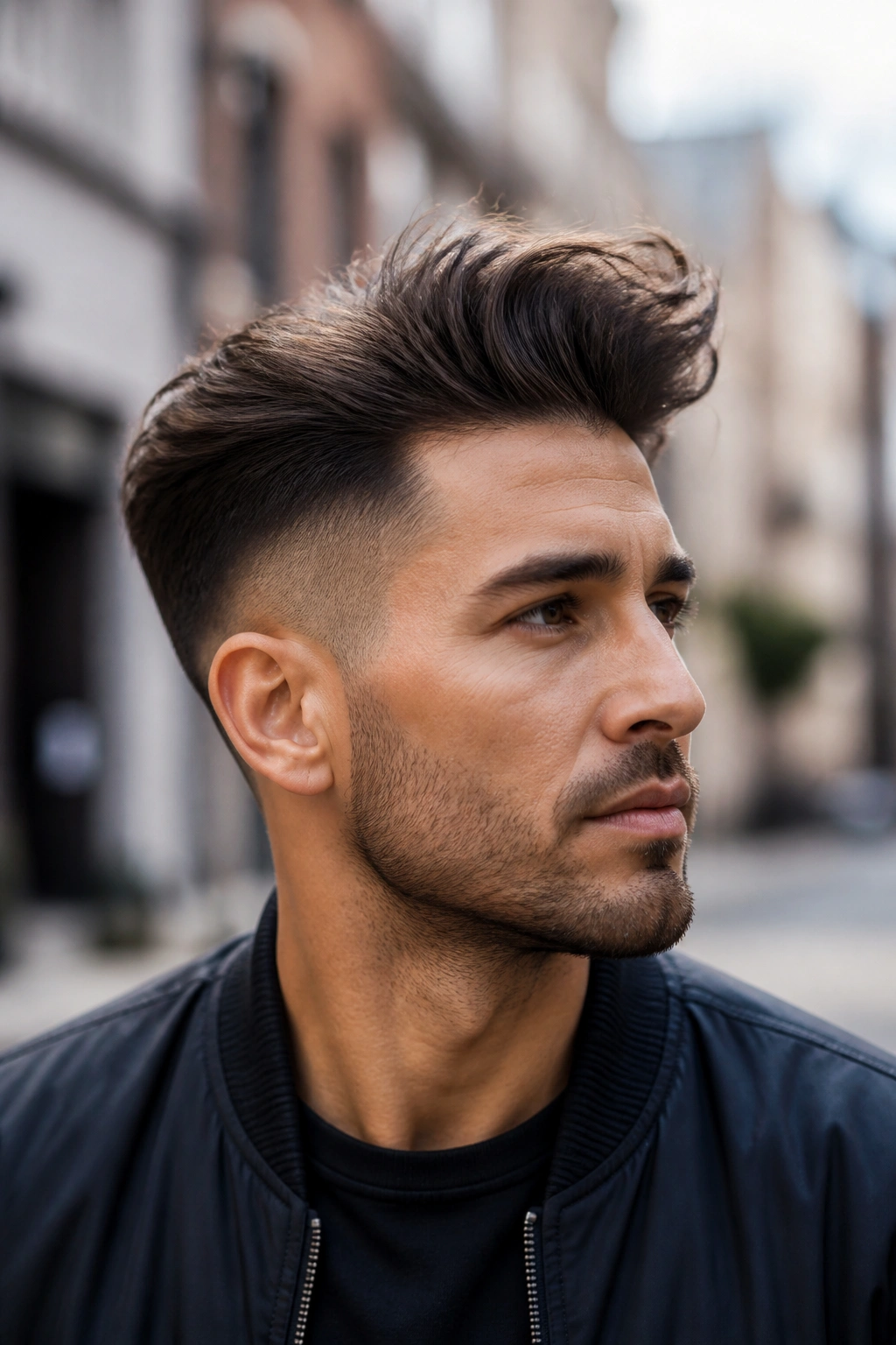 Portrait of a man with a loose quiff undercut, front lifted with relaxed styling.