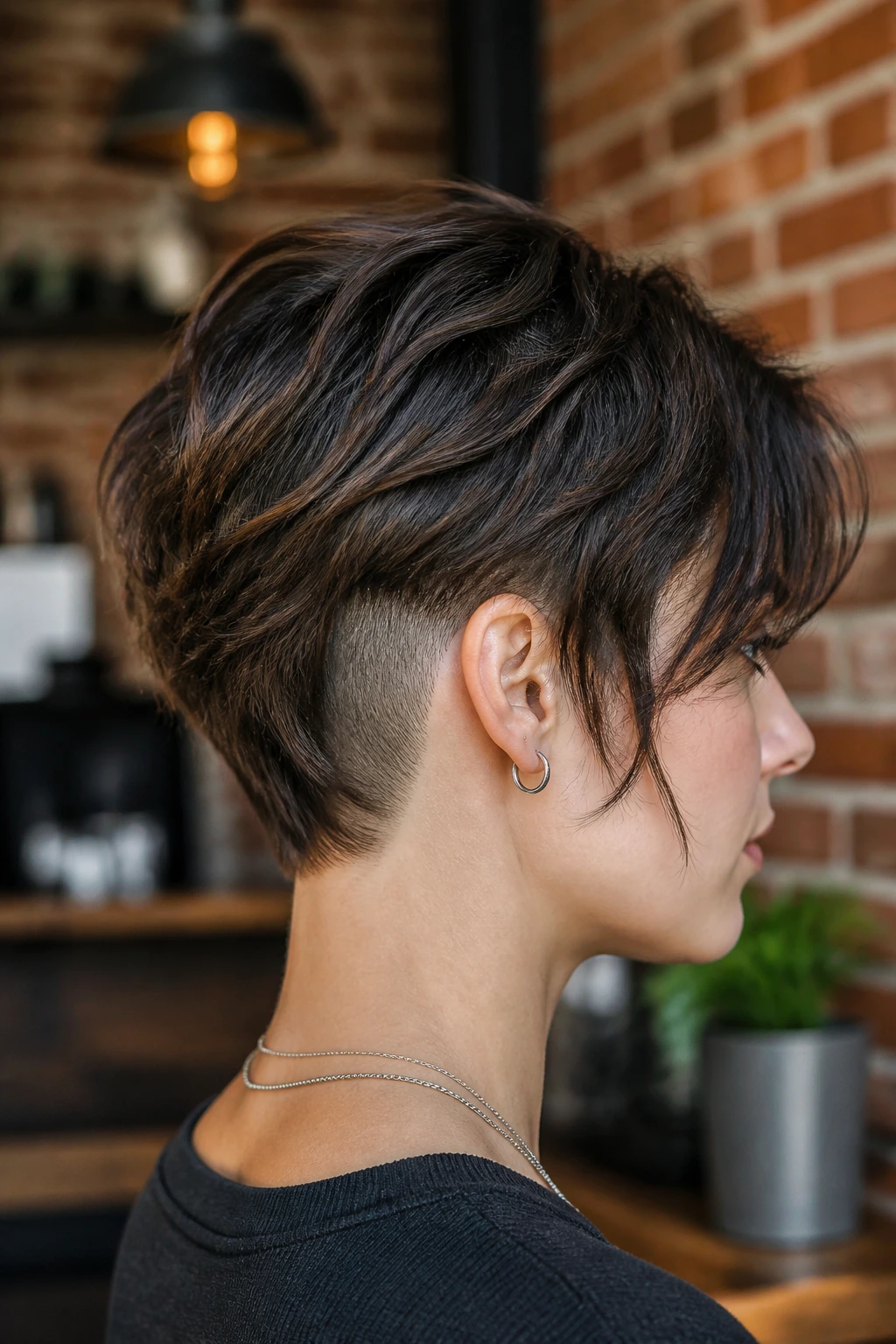 Profile portrait of a person with an undercut shag showing bulk removal at the nape