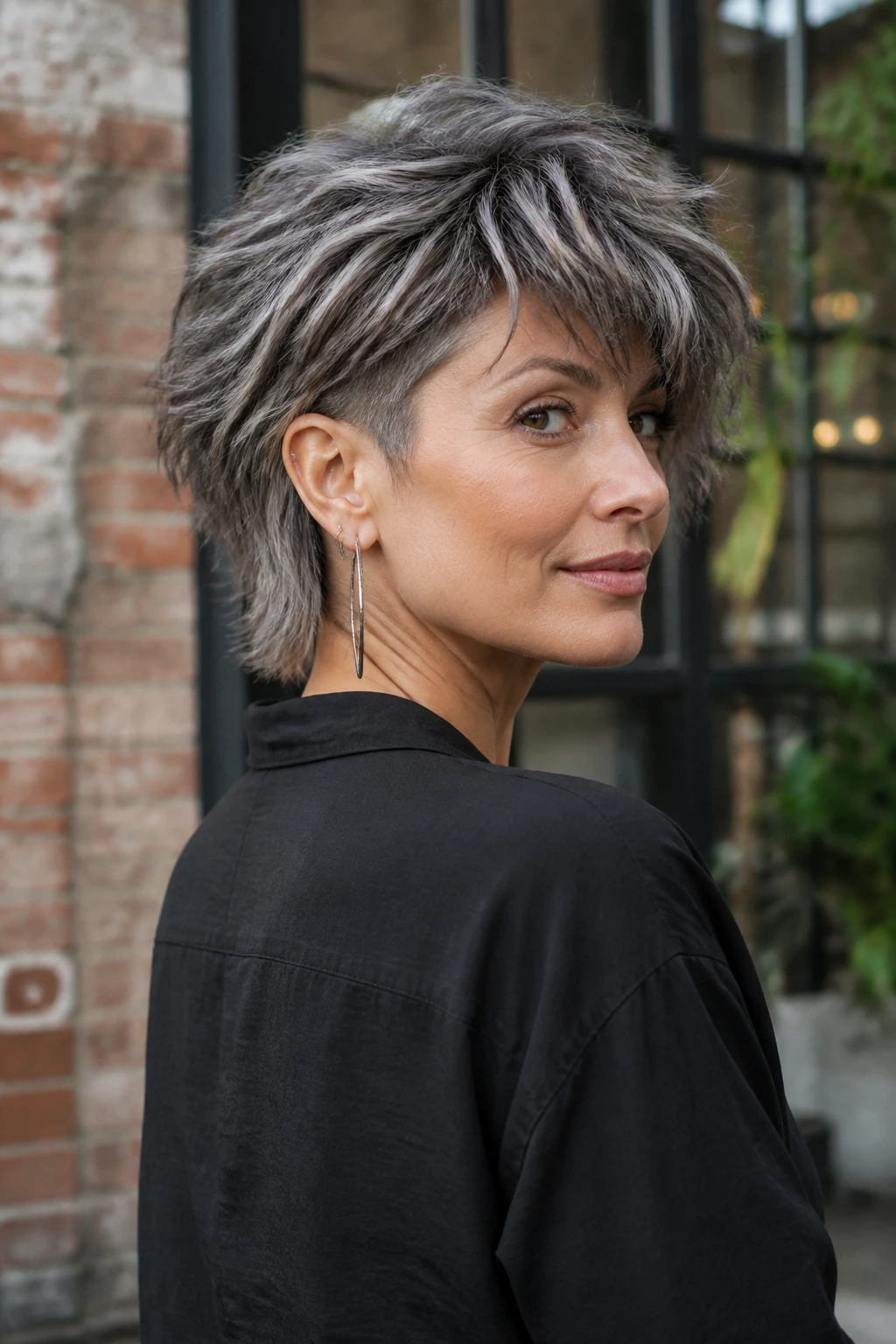 Three-quarter profile of a woman with undercut shag showing shaved nape