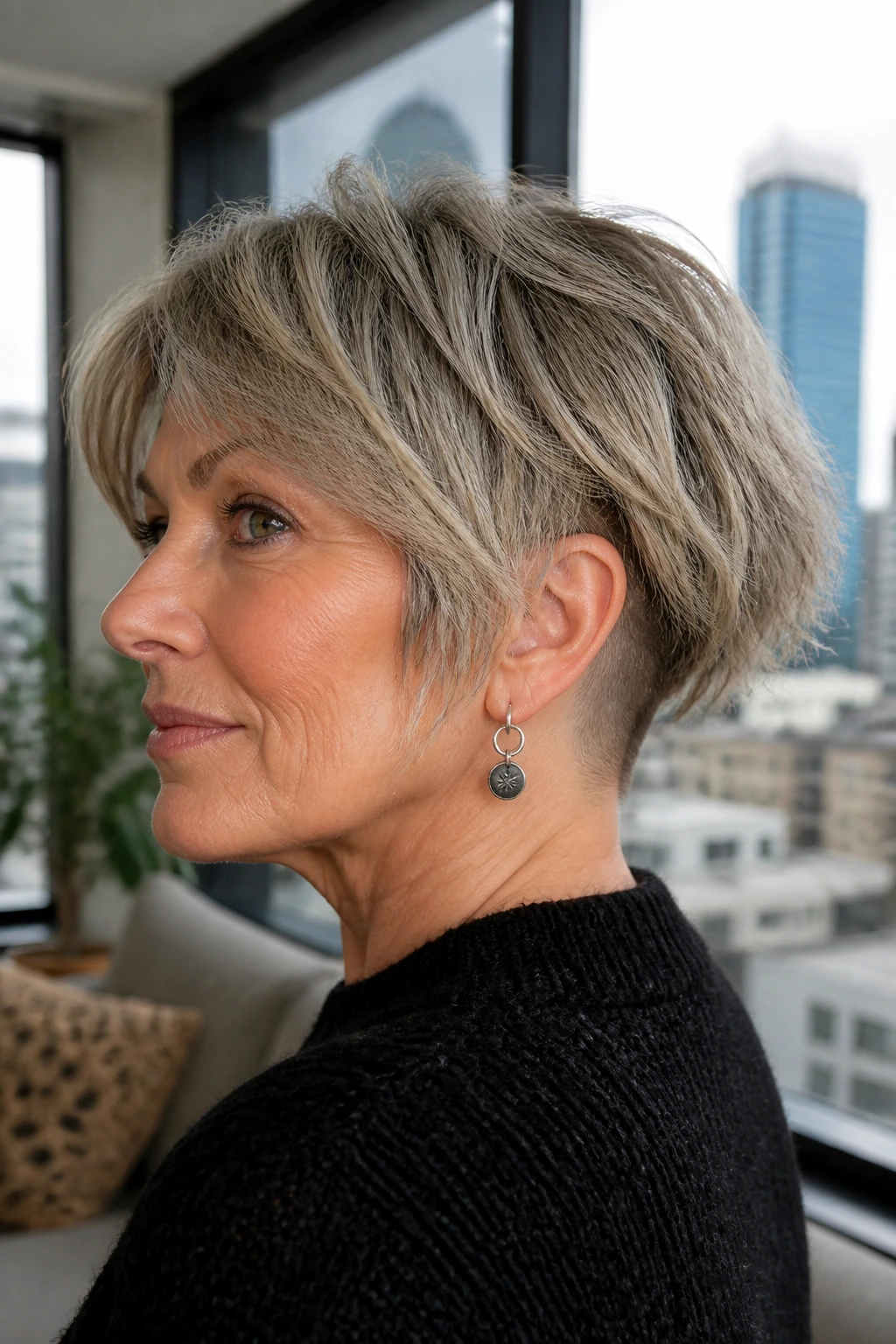 Side-profile portrait of a woman with undercut shag at the nape
