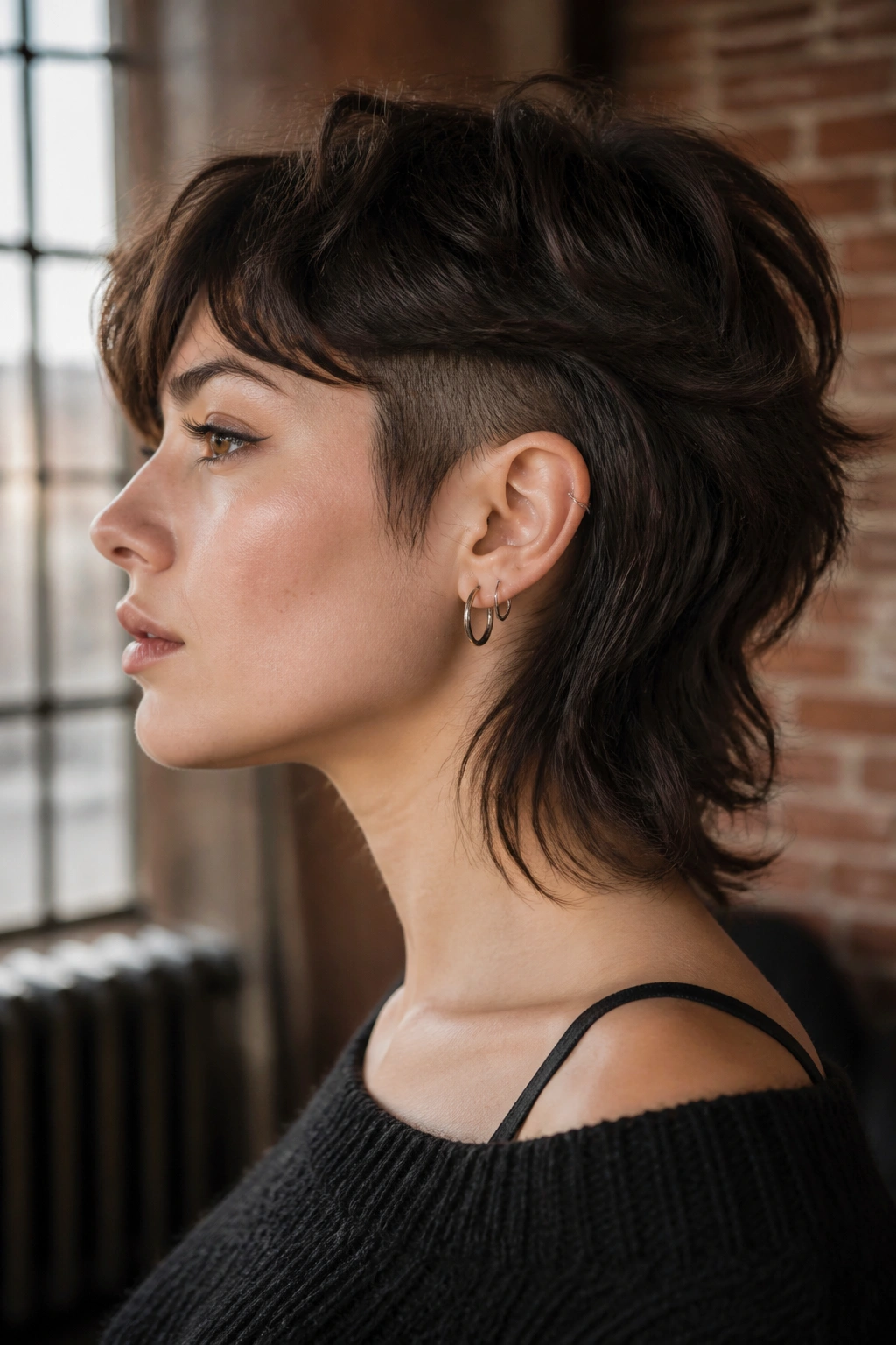 Side-profile portrait of a real woman with undercut shag hairstyle