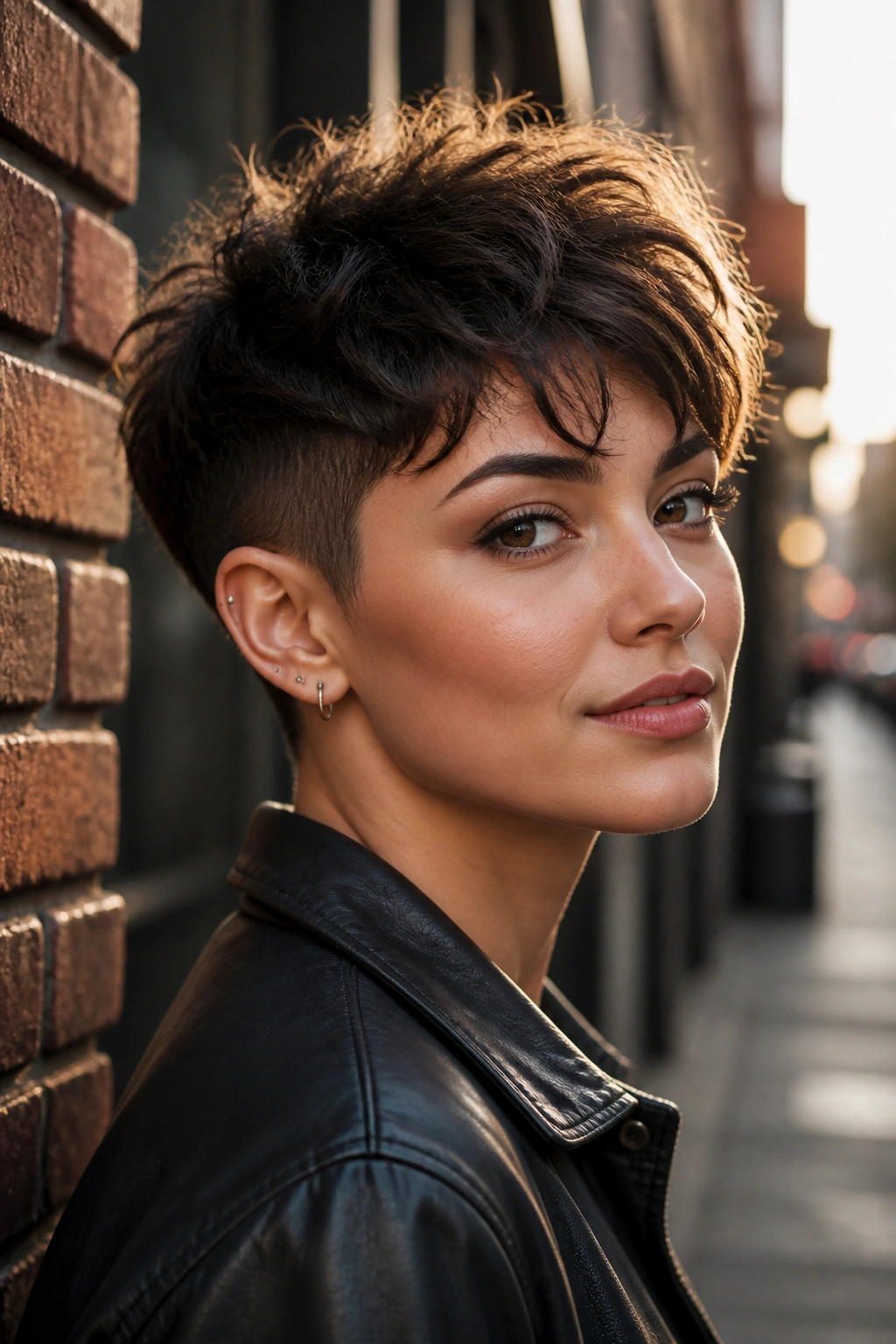 Close-up of a real person with an undercut shaggy pixie and textured top.