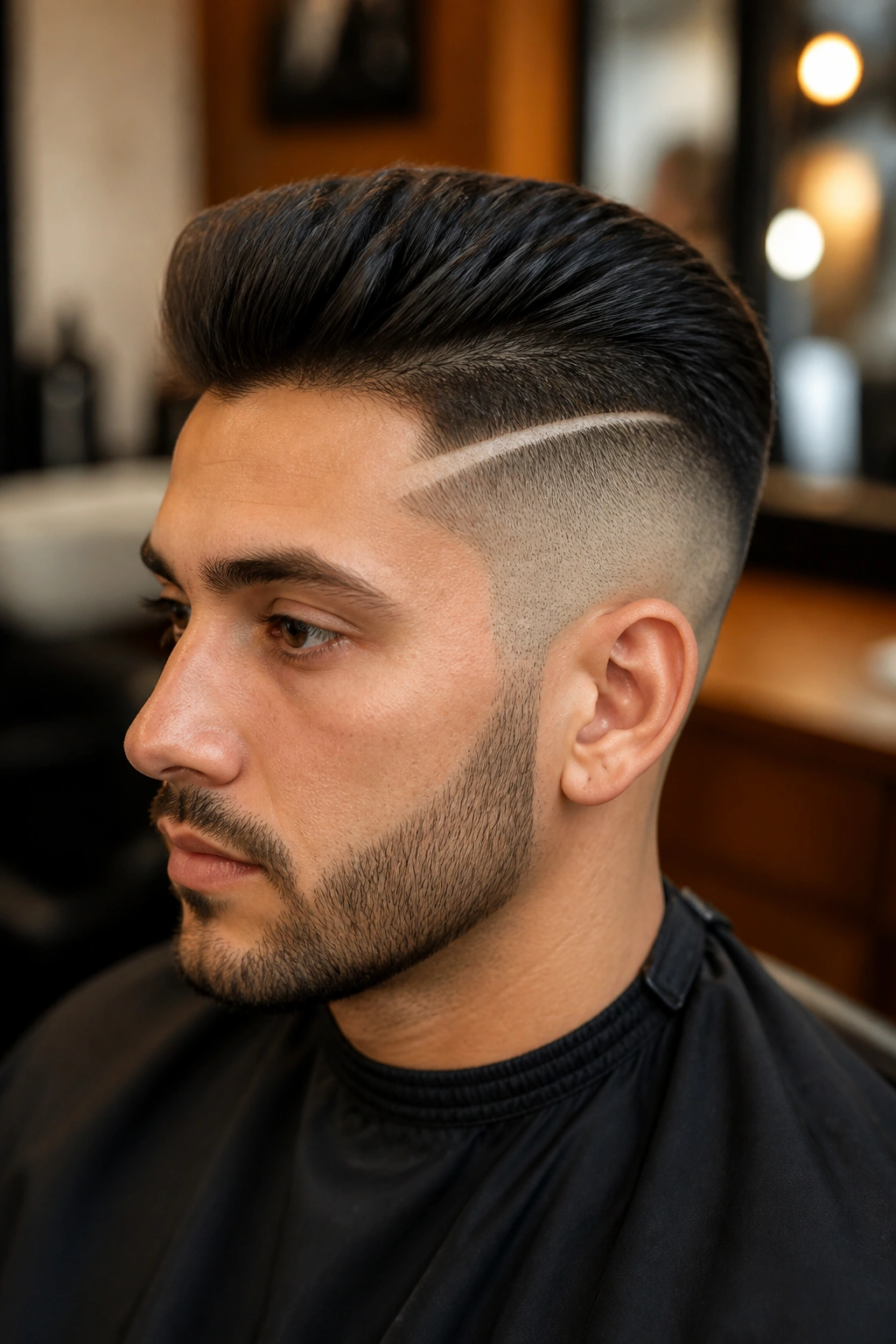 Close-up of a man with an undercut and shaved design in a salon setting