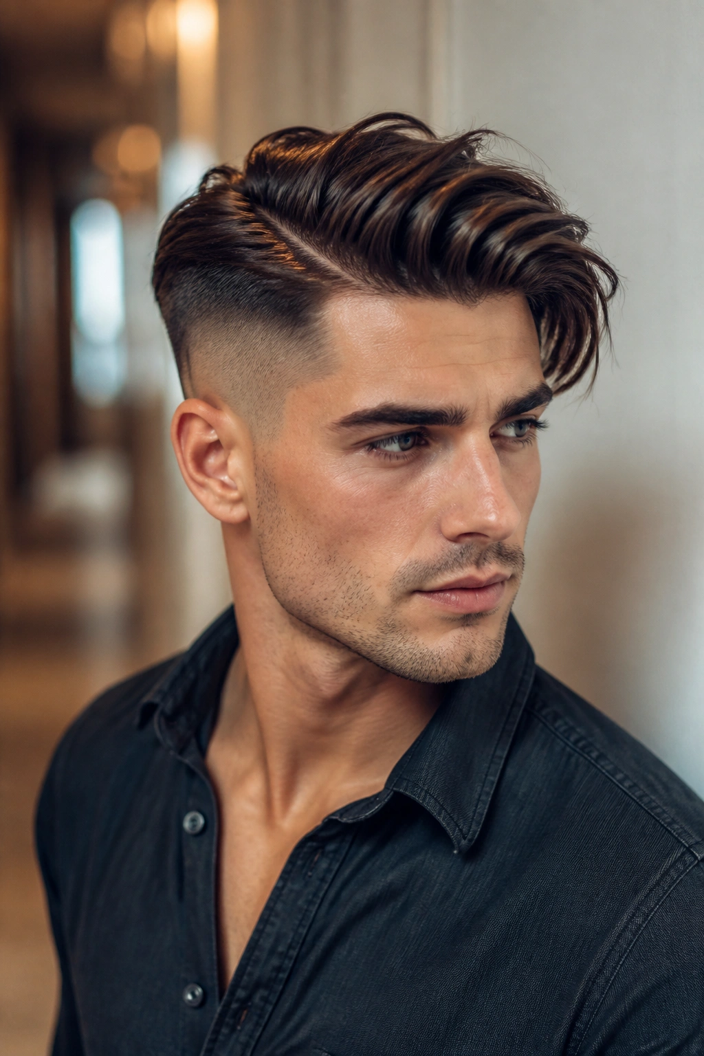 Close-up portrait of a man with long top side-part and visible undercut