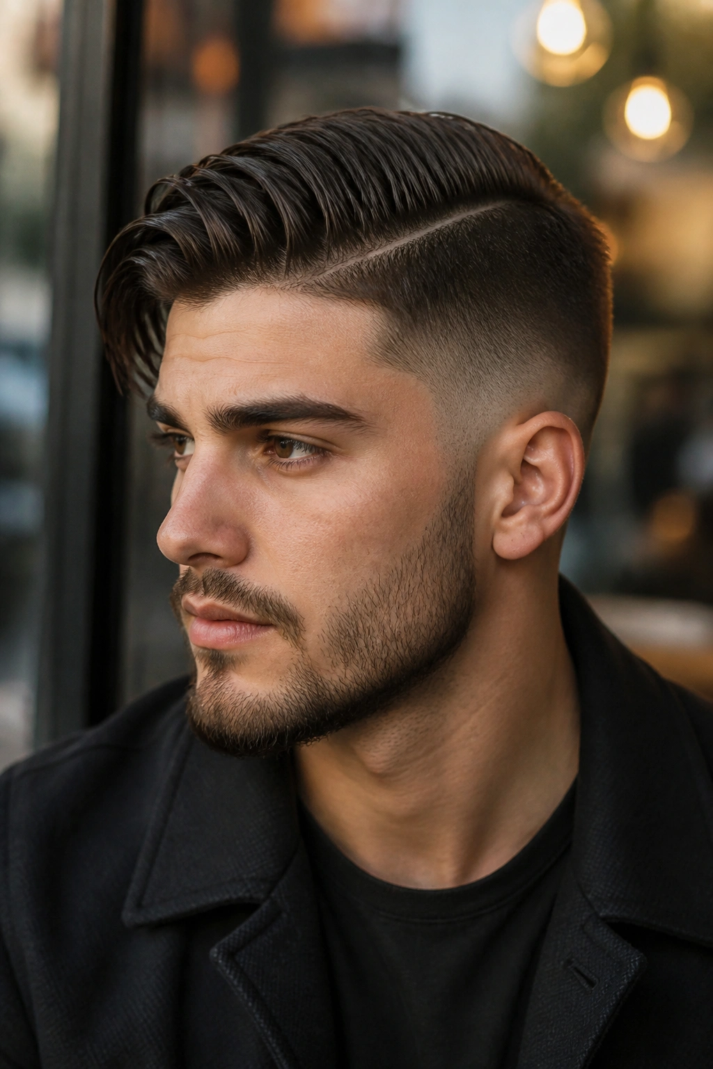 Close portrait of a man with a side-part undercut and clean part line.