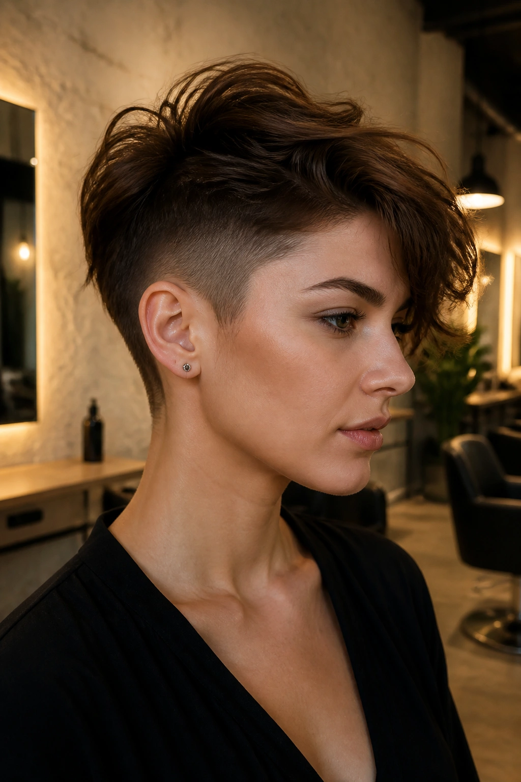 Close-up of a real woman with a soft-top undercut in warm salon light