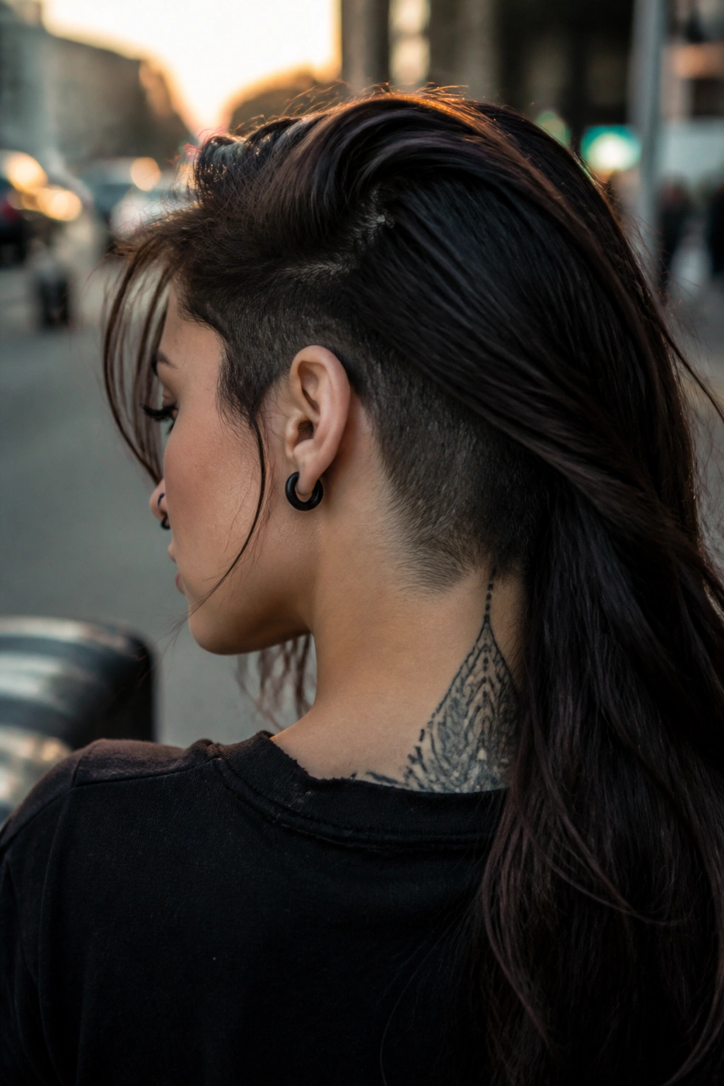 Portrait of a real woman with a long undercut and sweeping layers.