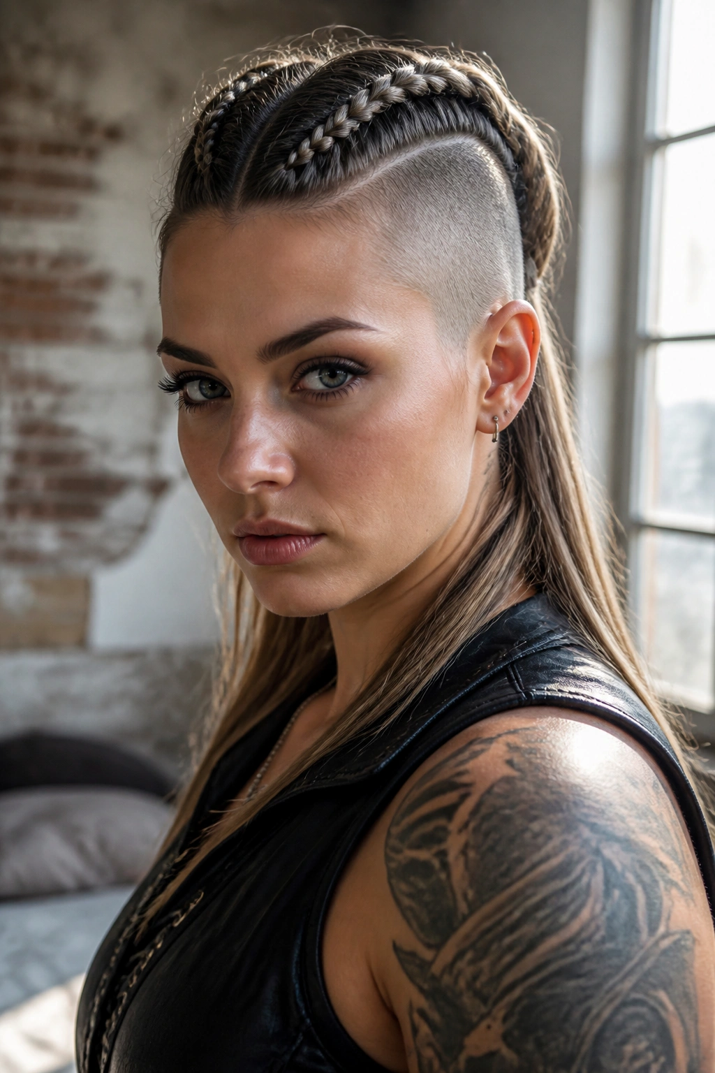 Close-up of a real woman with an undercut and two Viking braids.
