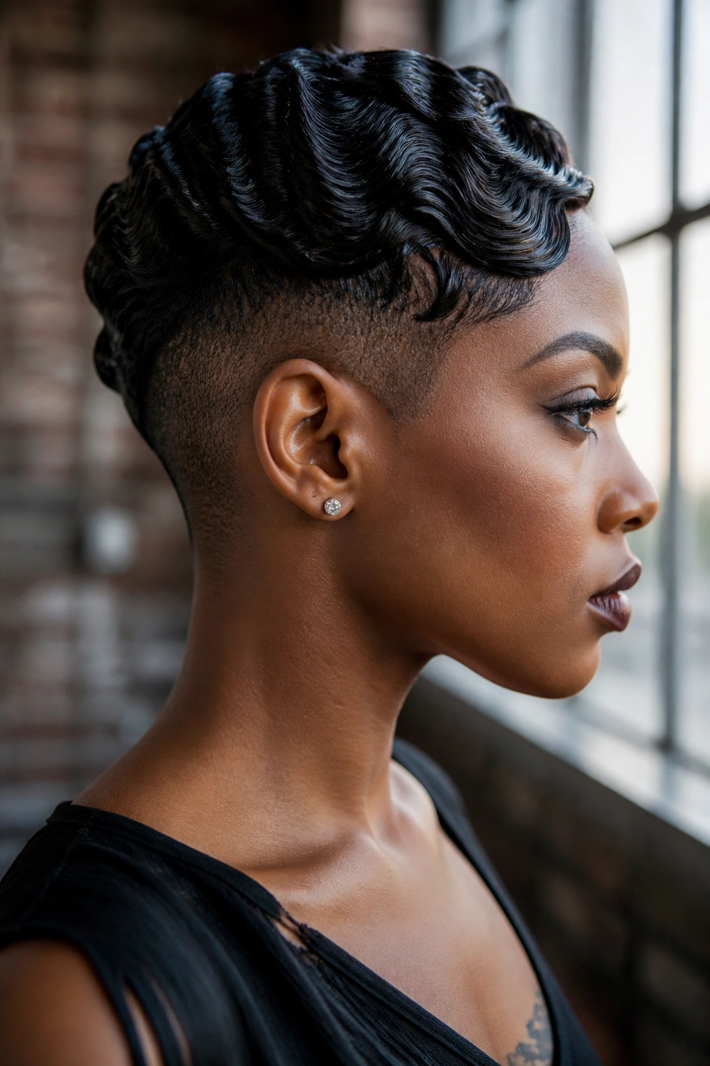 Real woman with undercut finger waves on top and shaved underside