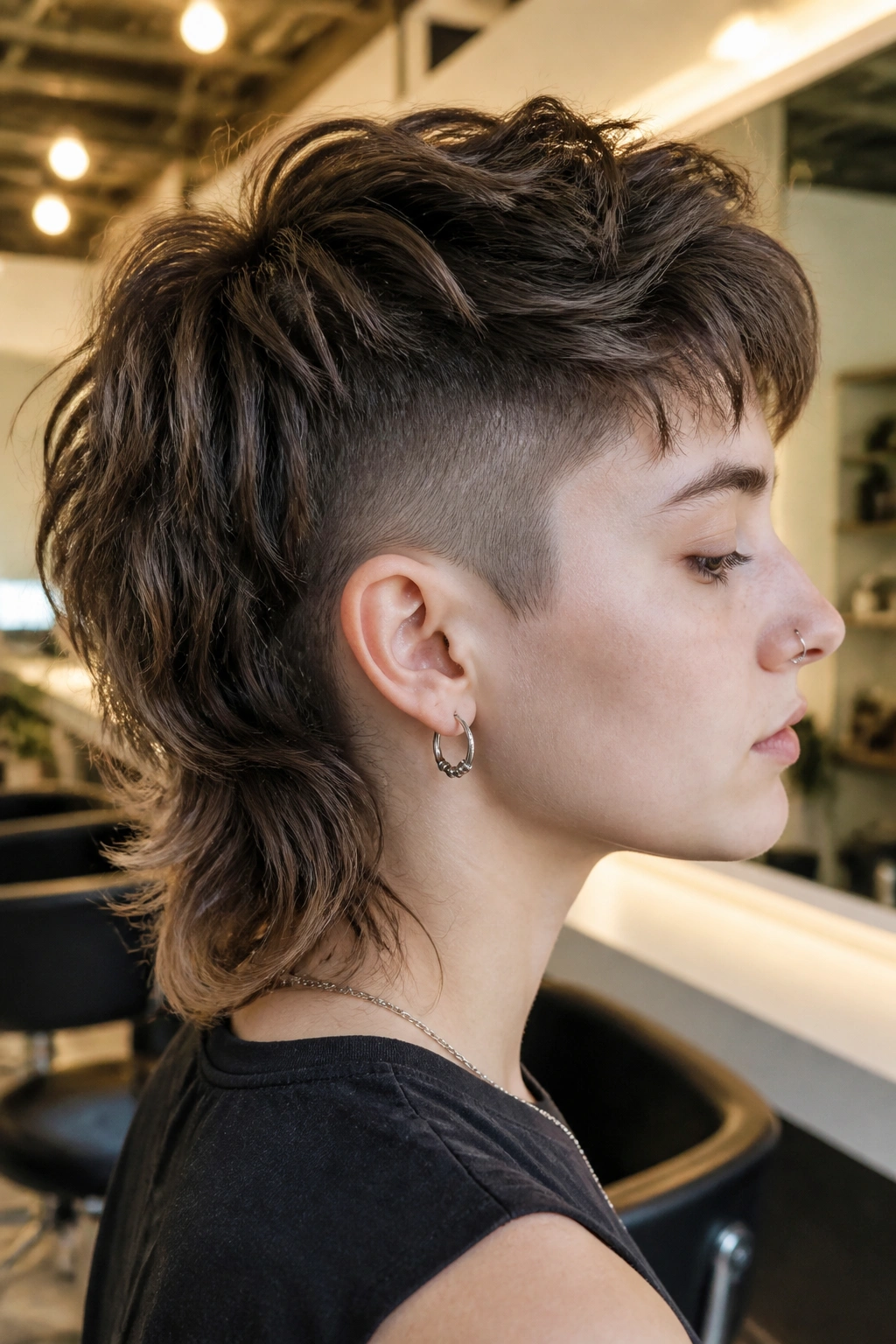 Close-up portrait of a real person with an undercut wolf cut side profile