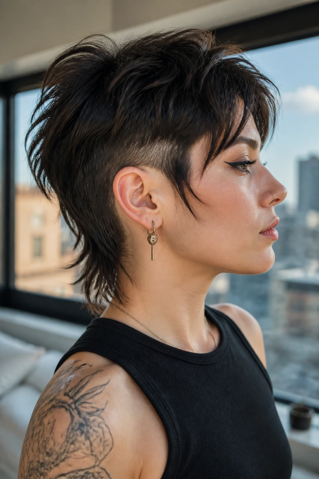 Close-up of real woman with undercut wolf cut at nape showing shaved area.