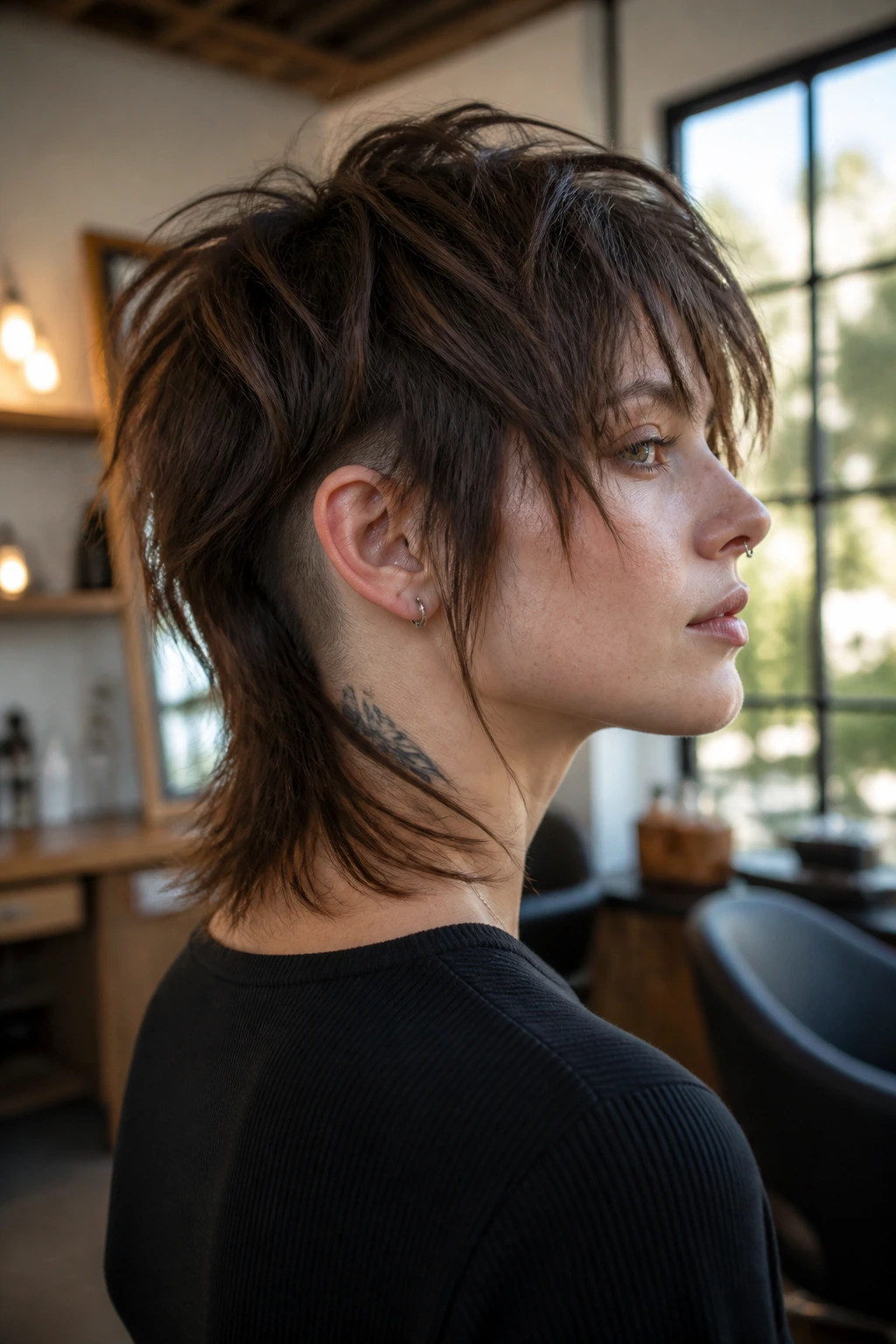 Close-up of a real person with a shaggy wolf cut and nape undercut in warm salon light