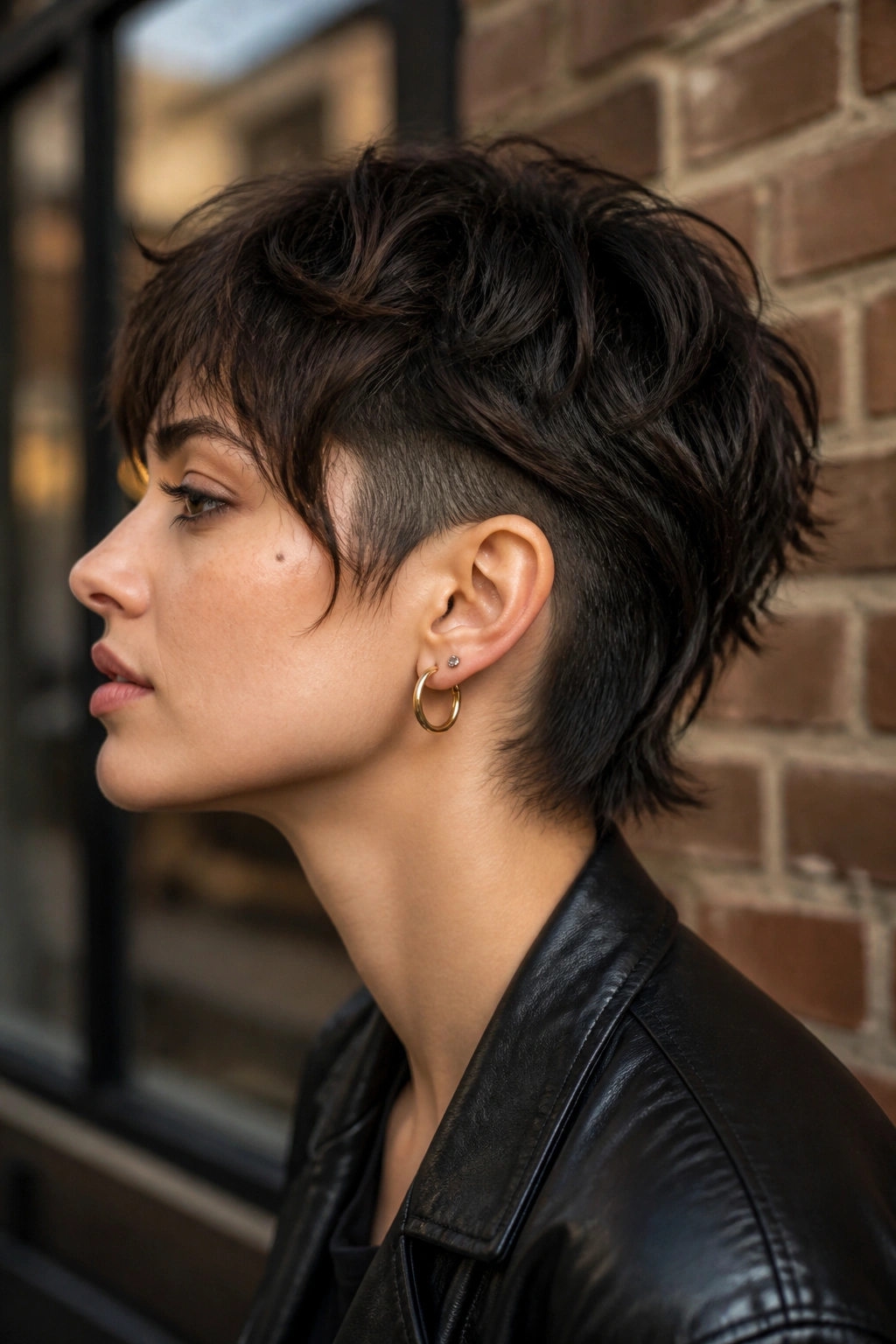 Profile portrait of real person with undercut wolf cut by brick wall