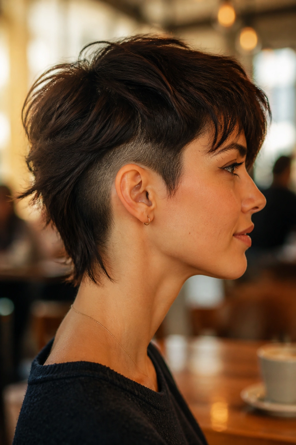 Close-up side profile of a real woman with undercut wolf cut