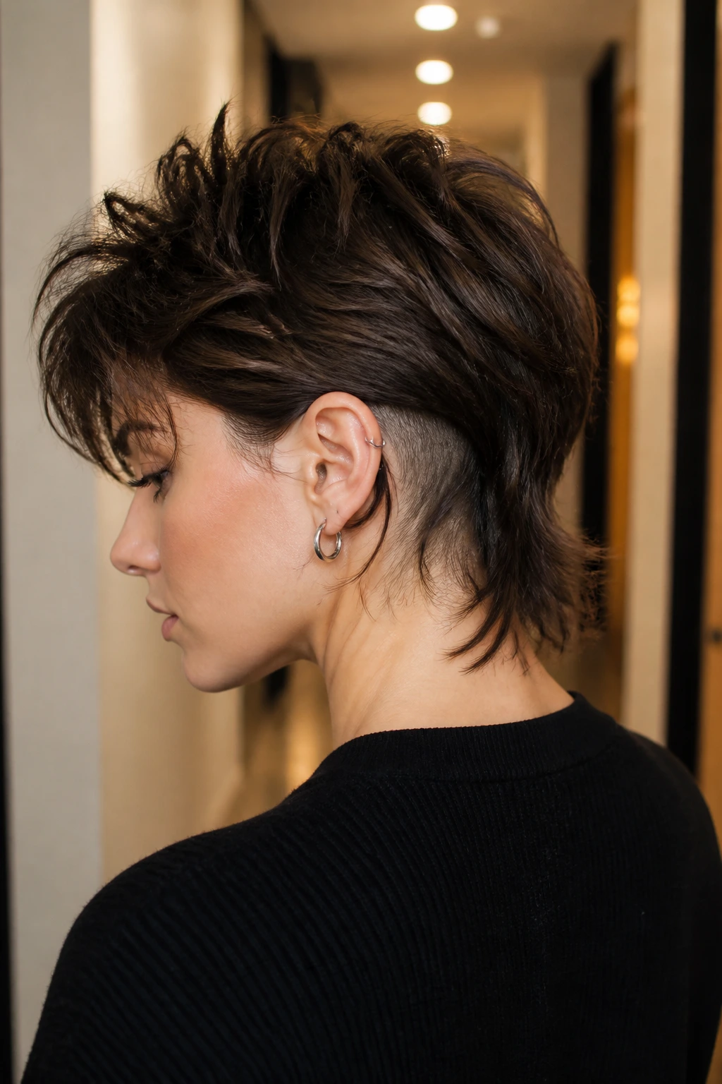 Real person side profile showing undercut wolf shag with visible top layers