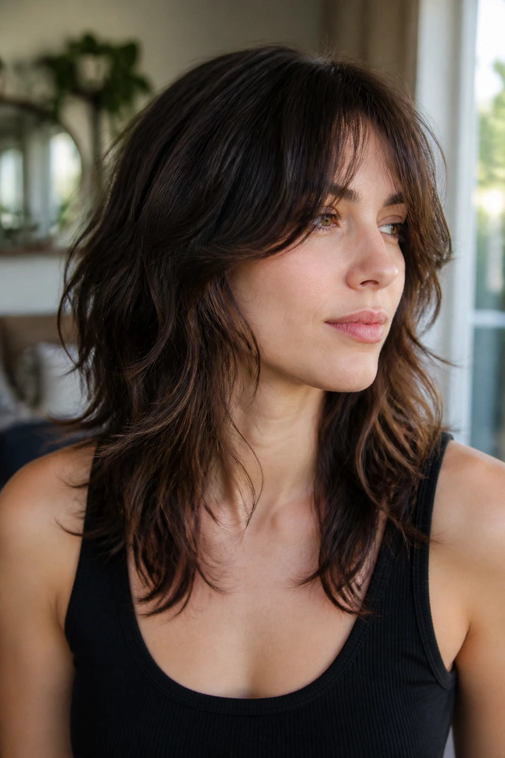 Close-up portrait of a real woman with underlayer contrast shag showing long top layers and shorter underlayers.