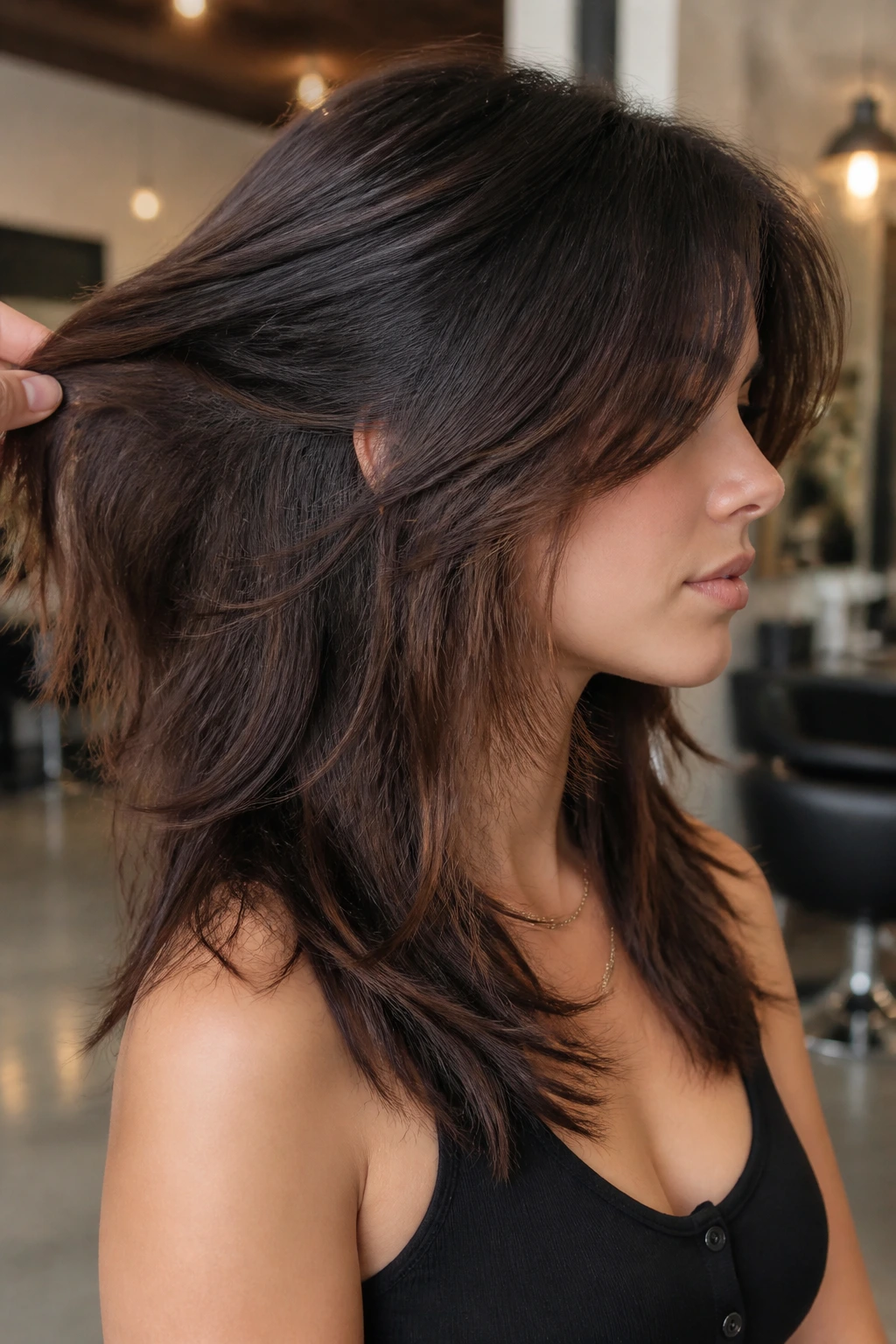 Close-up of a real person with thick hair featuring inner underlayers beneath a smooth top layer