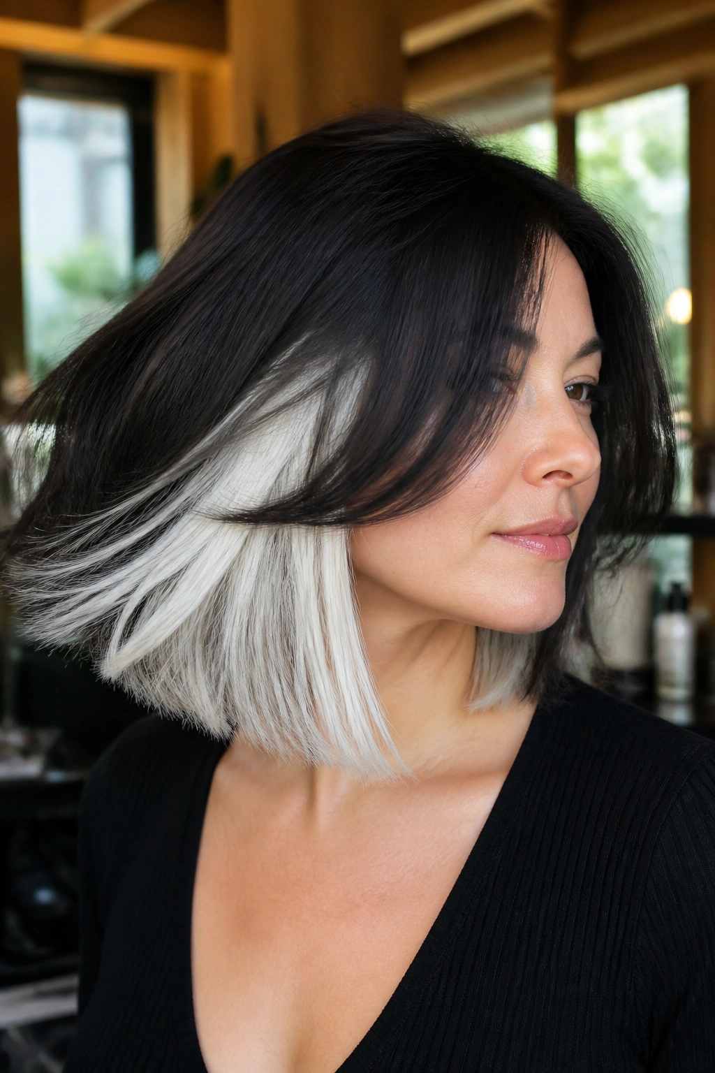 Close-up portrait of a real woman showing white underlights peeking through a dark top layer.