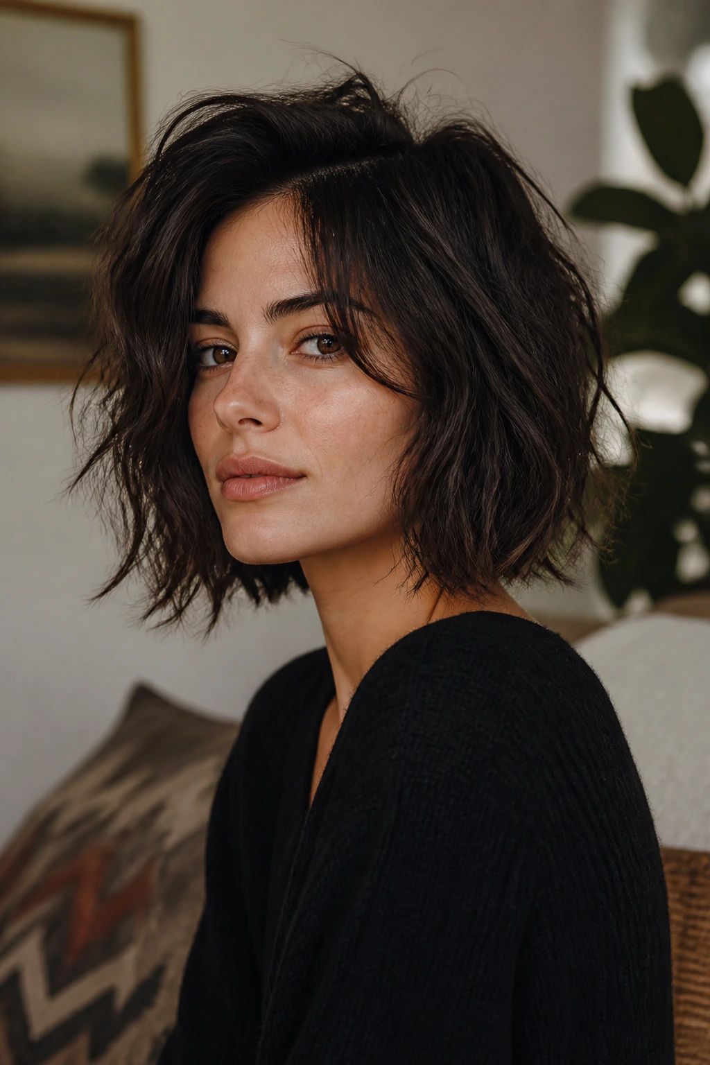 Real woman with undone Italian bob and loose ends in a neutral living room