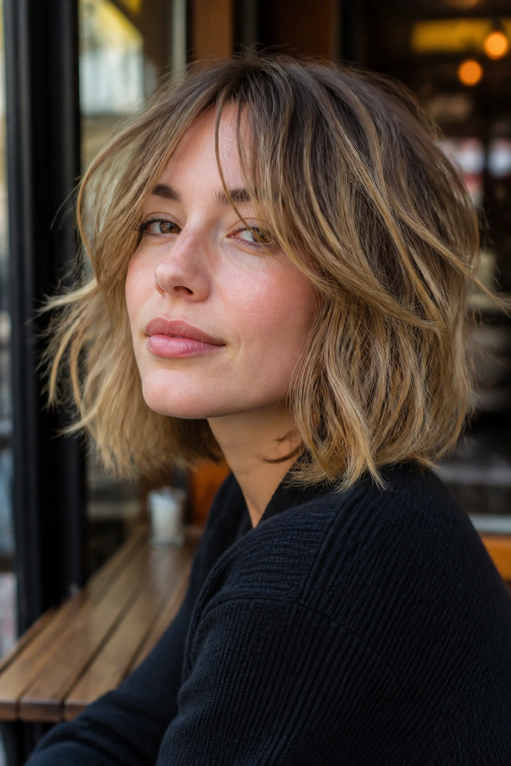 Portrait of a real woman with an undone lob shag in a cafe setting