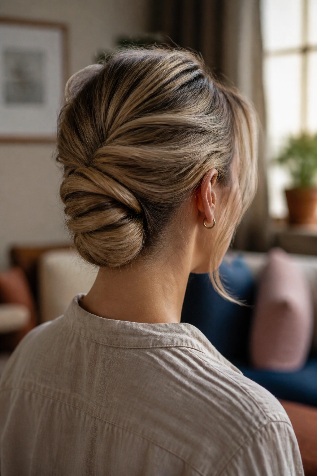 Back view of a real woman with an undone low roll hairstyle