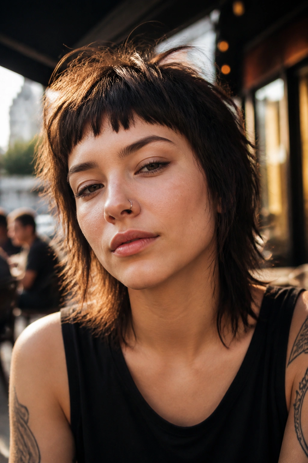 Close-up portrait of a real woman with undone shag and choppy baby bangs.