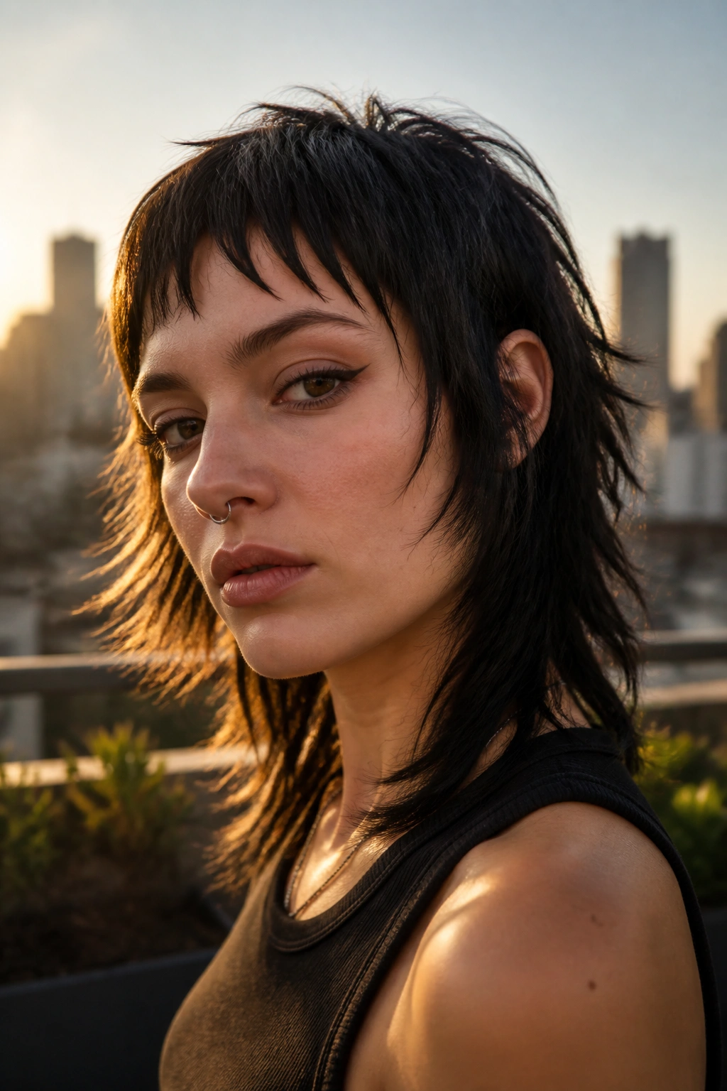 Close-up of uneven baby bangs with a wolf cut on a real person