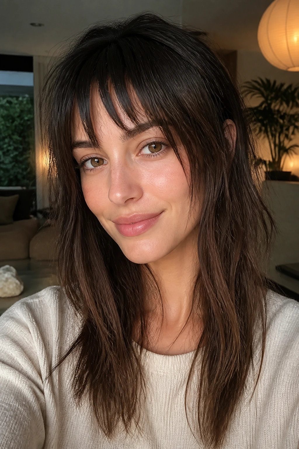 Close-up of a real woman with uneven piecey bangs in a cozy living room