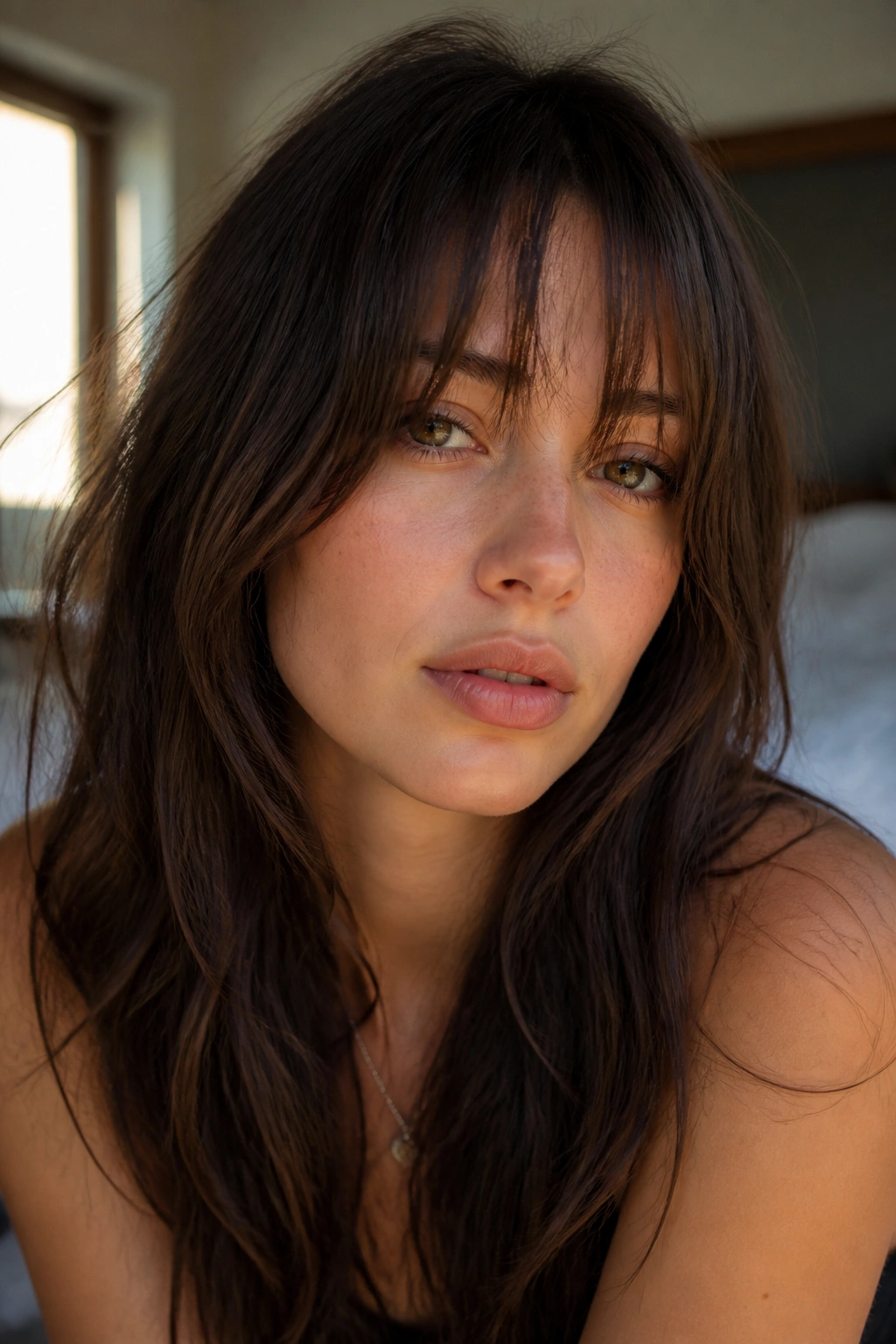 Close-up of a real woman with uneven textured bangs showing varied lengths and broken ends