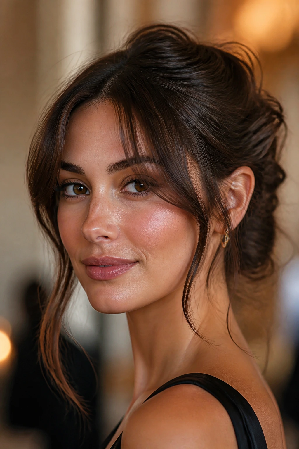 Close-up portrait of a real woman with updo-friendly curtain bangs