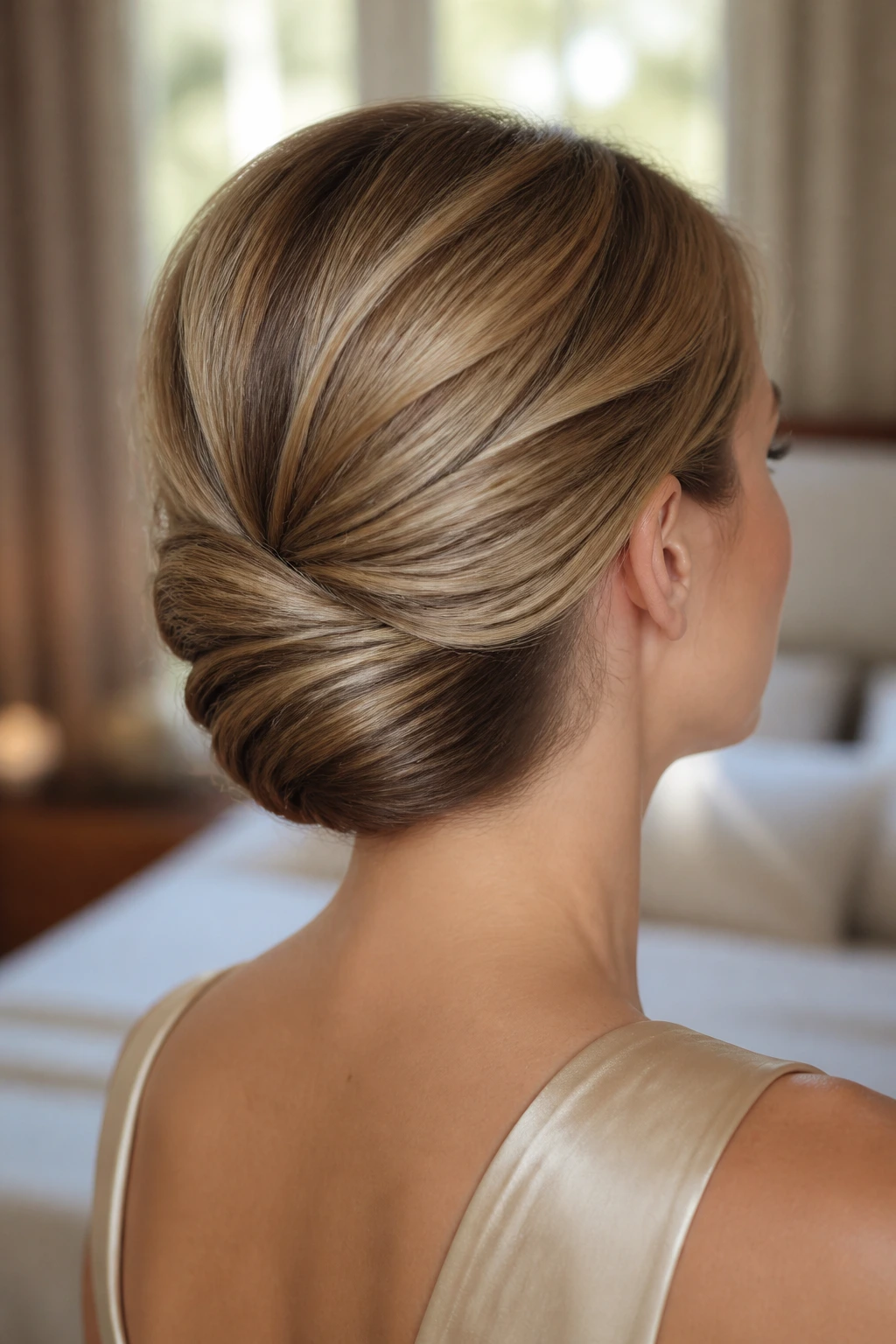 Close-up of a real woman showing a rolled tuck-under updo at the nape with a smooth edge.