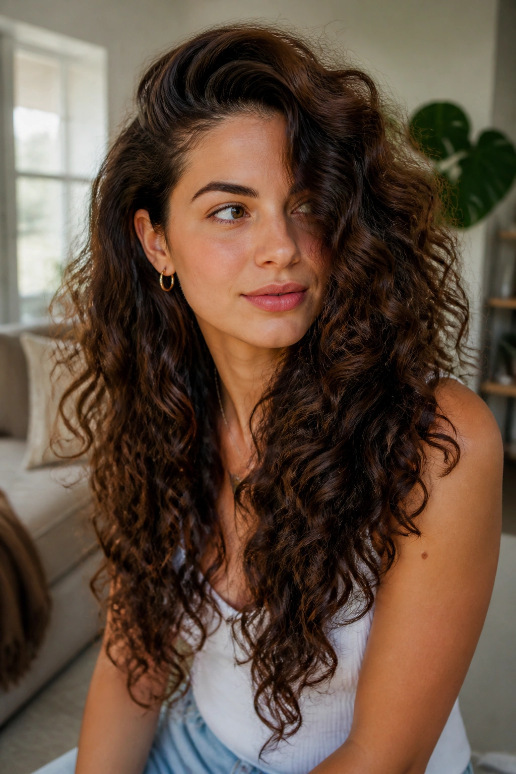 Close-up of a real woman with V-cut long curls and a deep side part in a sunlit living room