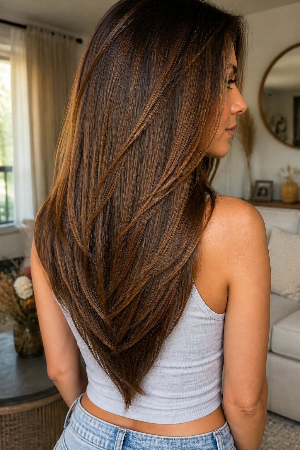 Close-up portrait of a real woman with a V-cut ends on long hair.