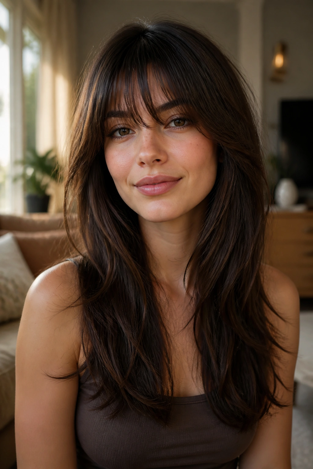 Close-up of a real woman with a V-cut back and feathered bangs in warm window light